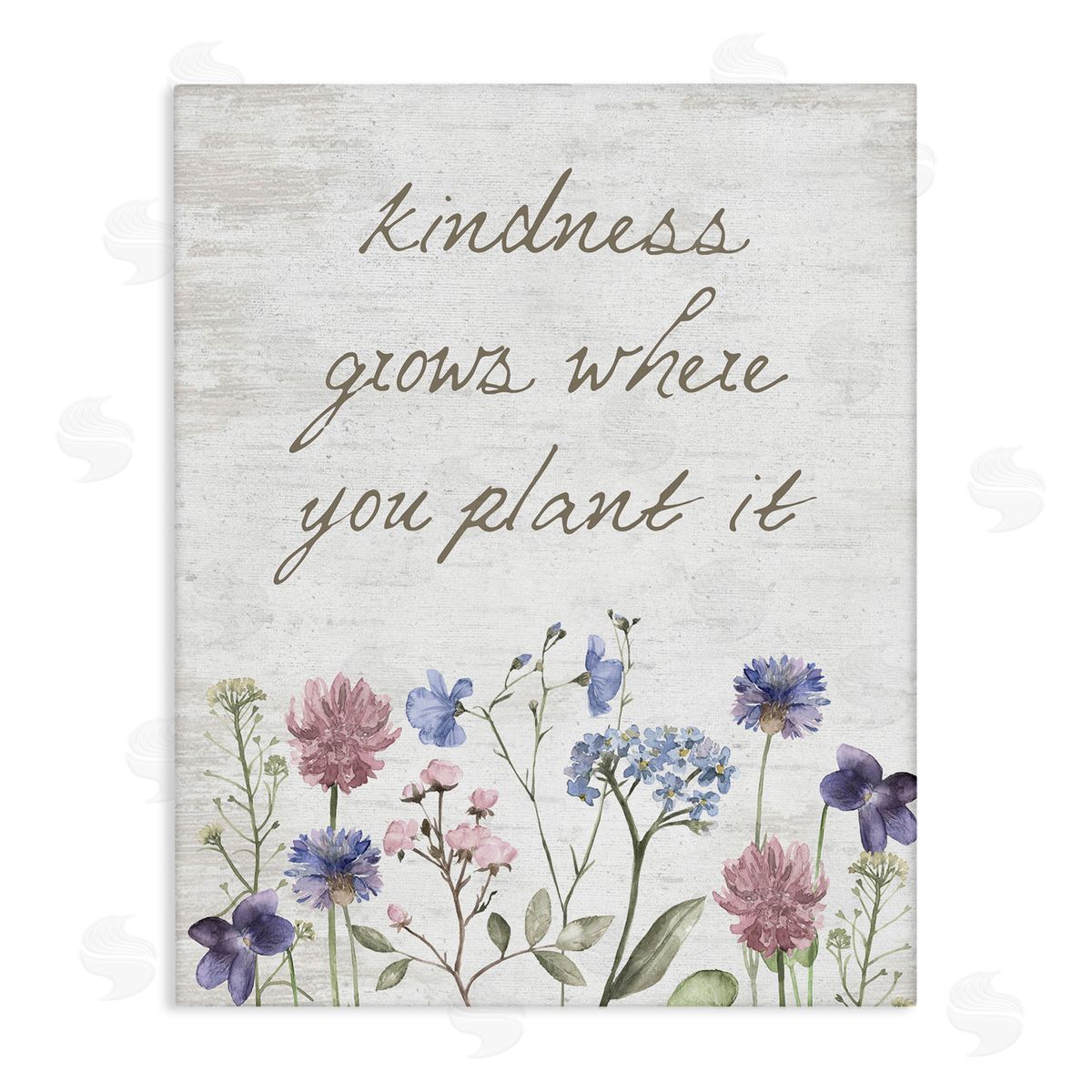 Lettered and Lined Kindness Grows Blooming Florals Rustic Grain Pattern Stretched Canvas Wall Art Print