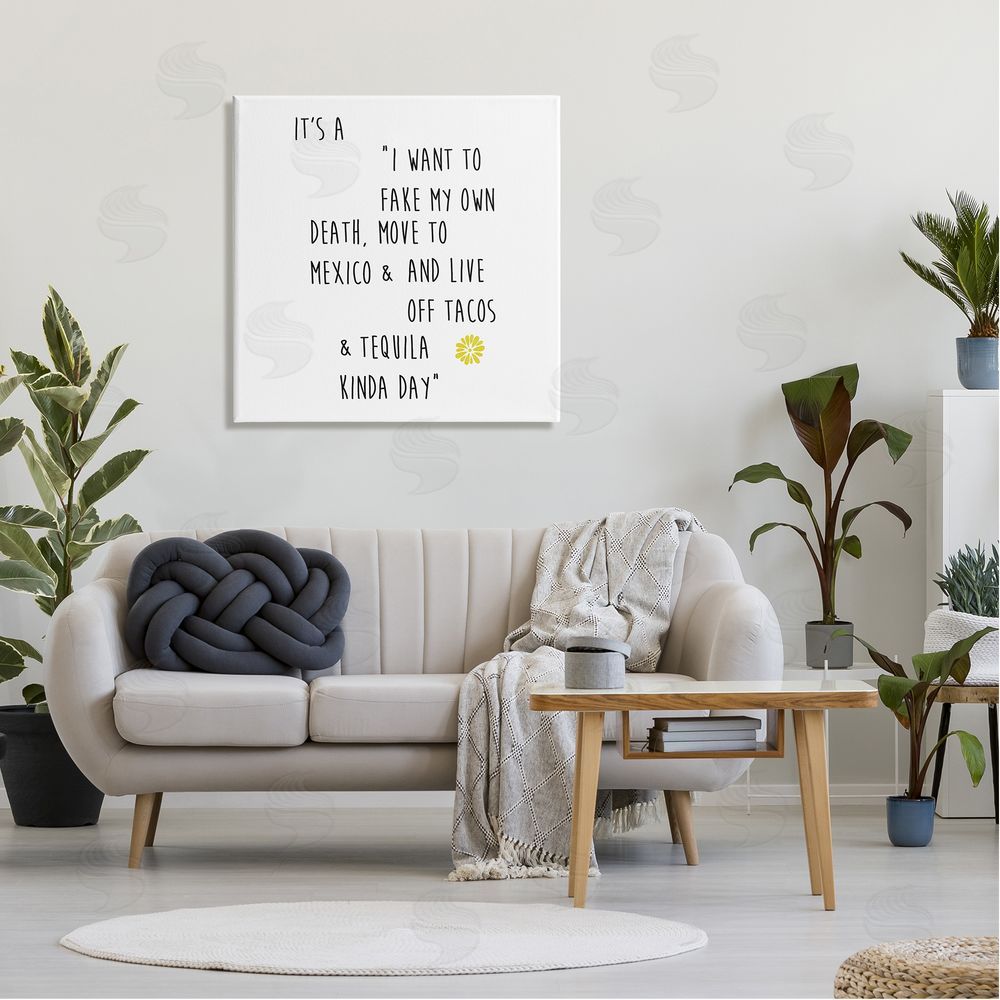 J. Weiss Moving to Mexico Humorous Typography Phrase Yellow Accent Canvas Wall Art in Room