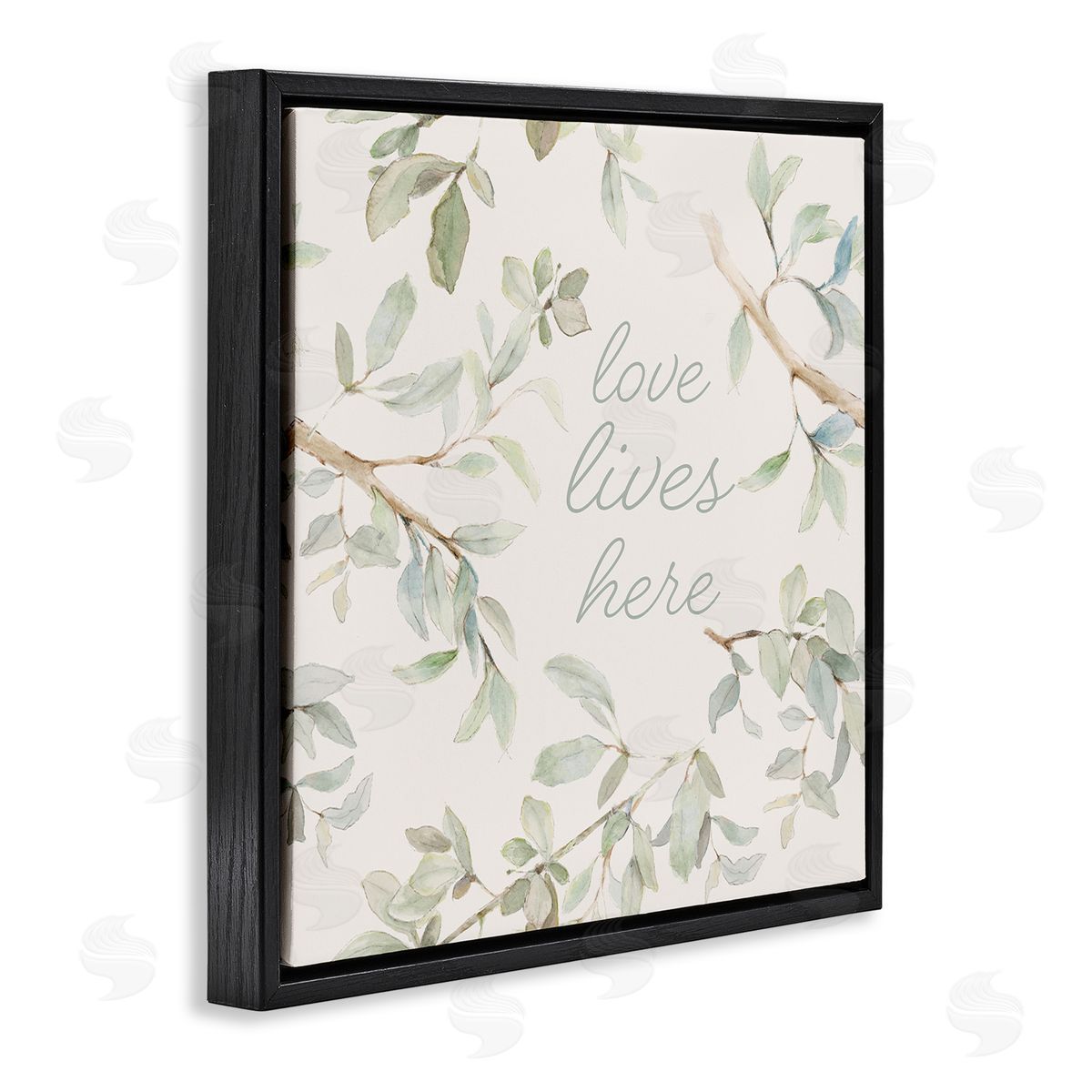 Lanie Loreth Love Lives Here Cursive Botanical Branches Phrase Black Floating Frame Canvas Wall Art Print