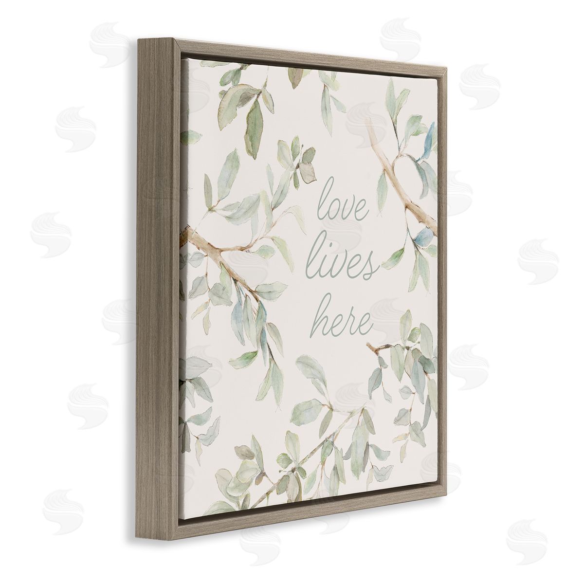 Lanie Loreth Love Lives Here Cursive Botanical Branches Phrase Brown Floating Frame Canvas Wall Art Print