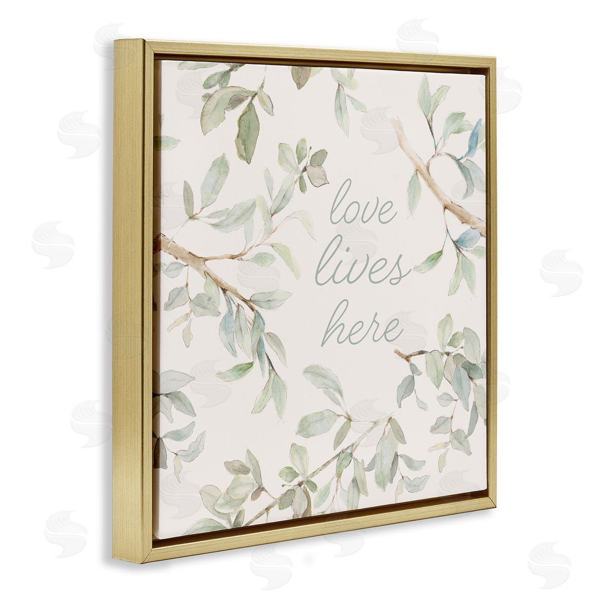 Lanie Loreth Love Lives Here Cursive Botanical Branches Phrase Gold Floating Frame Canvas Wall Art Print