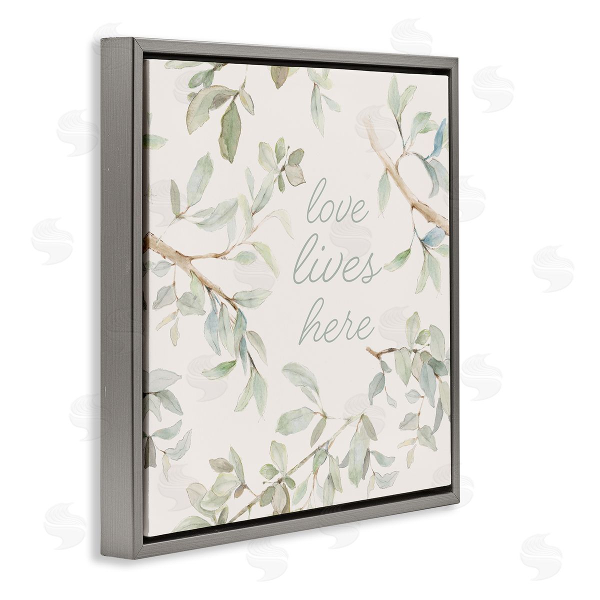 Lanie Loreth Love Lives Here Cursive Botanical Branches Phrase Gray Floating Frame Canvas Wall Art Print