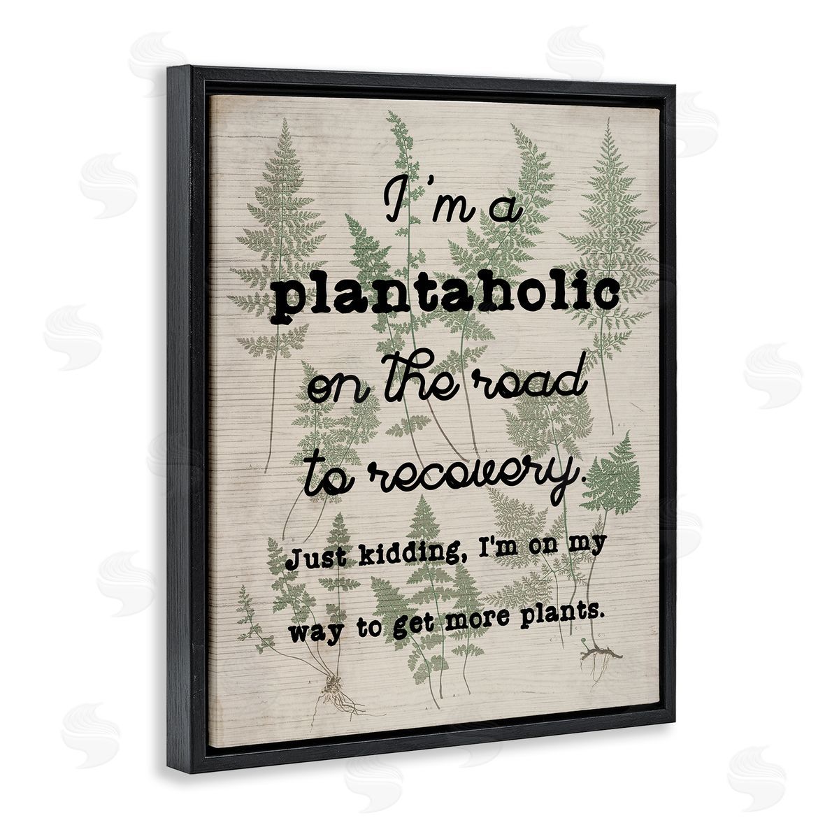 Stupell Studio Humorous Plantaholic Gardening Phrase Fern Plant Pattern Black Floating Frame Canvas Wall Art Print