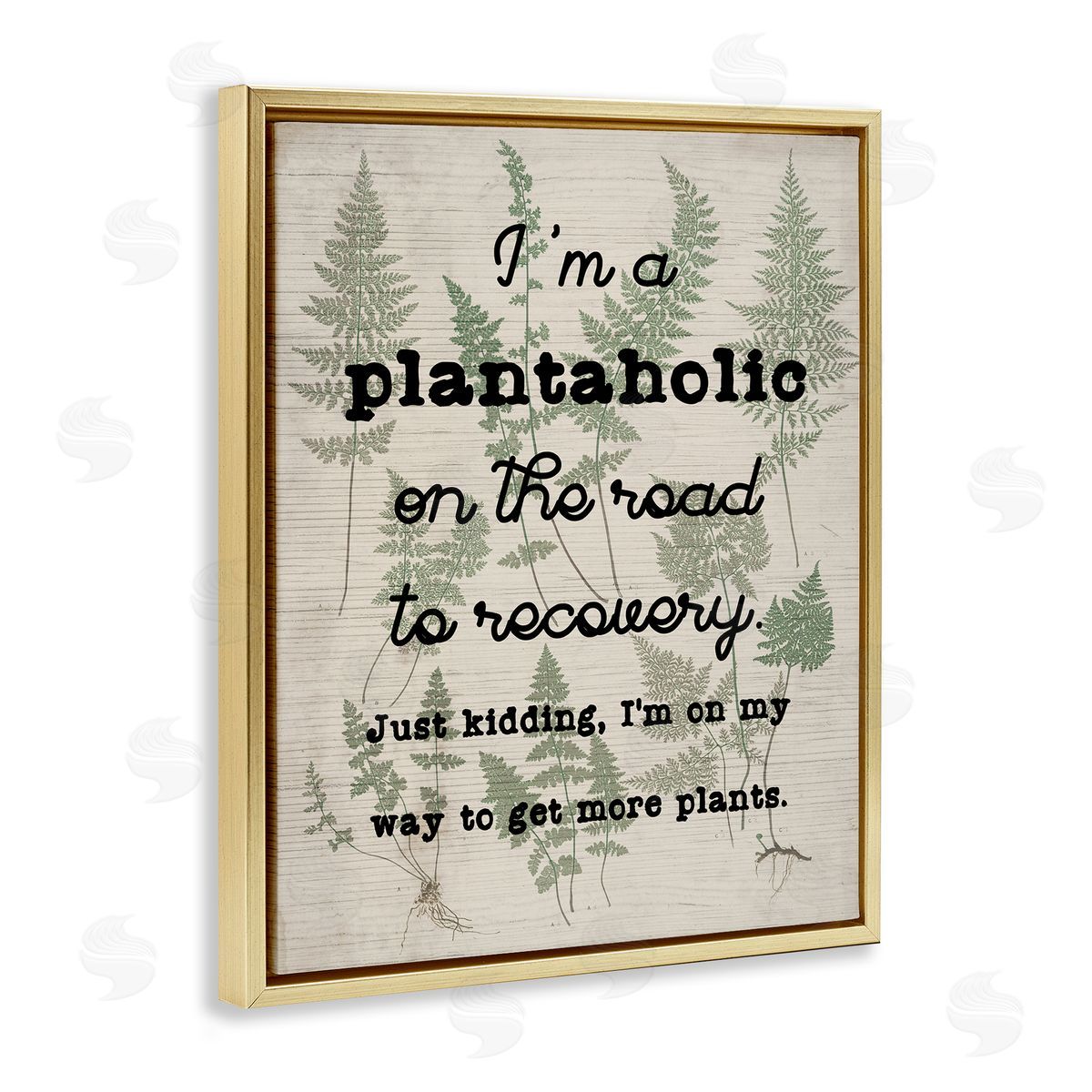 Stupell Studio Humorous Plantaholic Gardening Phrase Fern Plant Pattern Gold Floating Frame Canvas Wall Art Print