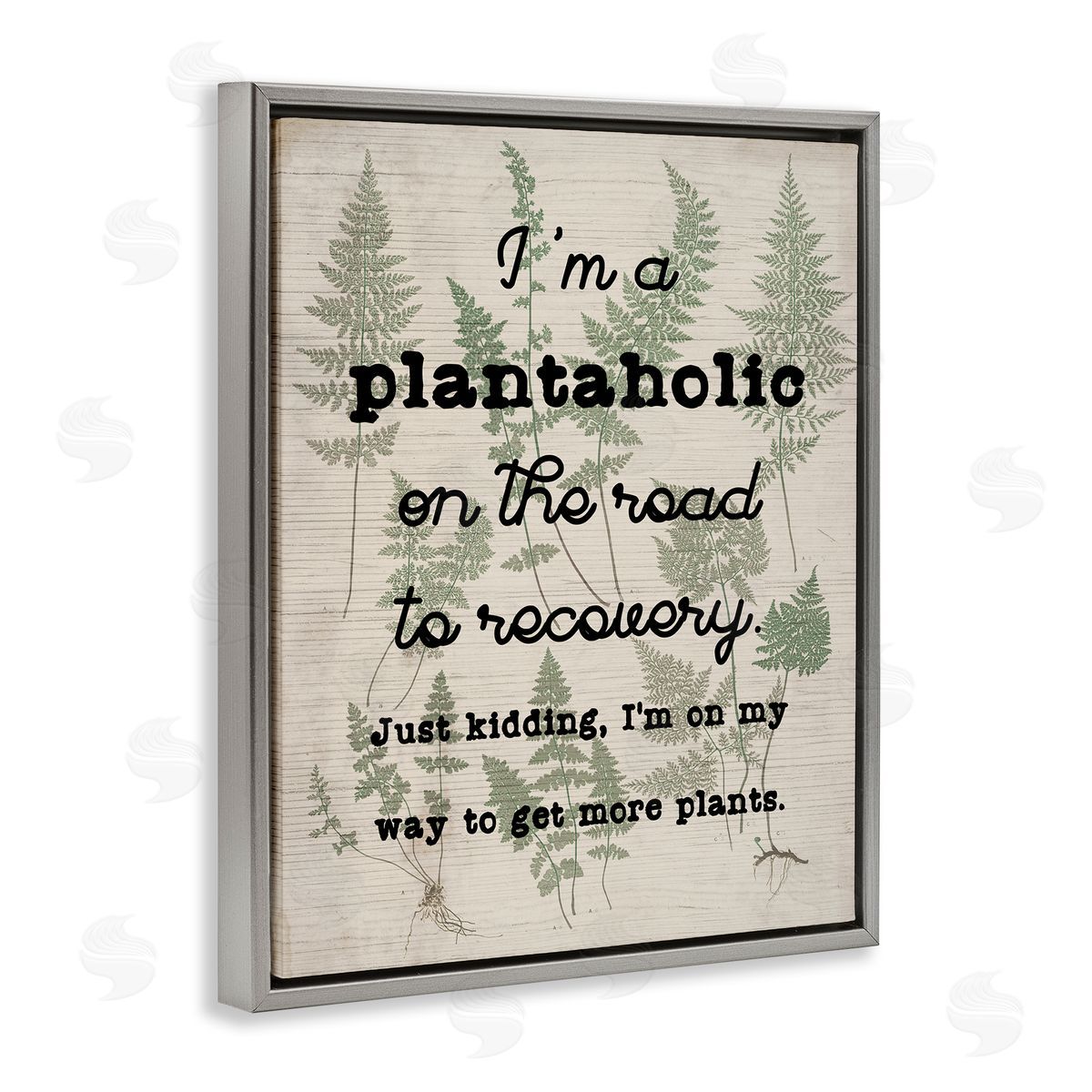 Stupell Studio Humorous Plantaholic Gardening Phrase Fern Plant Pattern Gray Floating Frame Canvas Wall Art Print