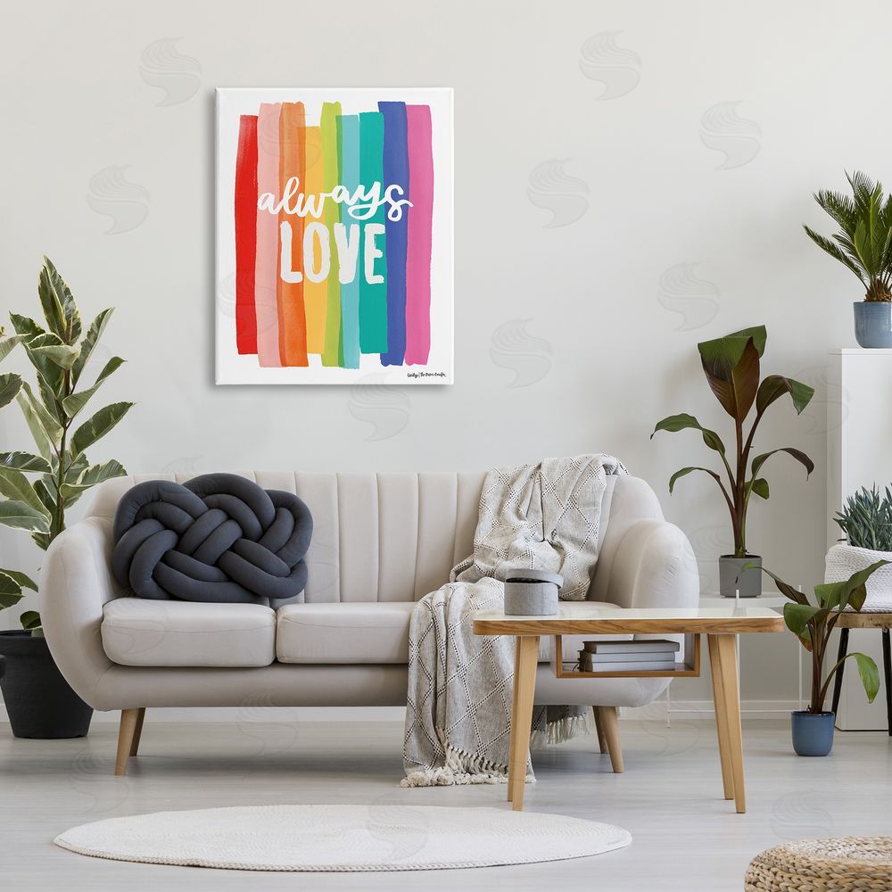 Cecily Moore Always Love Rainbow Striped Brushstrokes Calligraphy Canvas Wall Art Print in Room