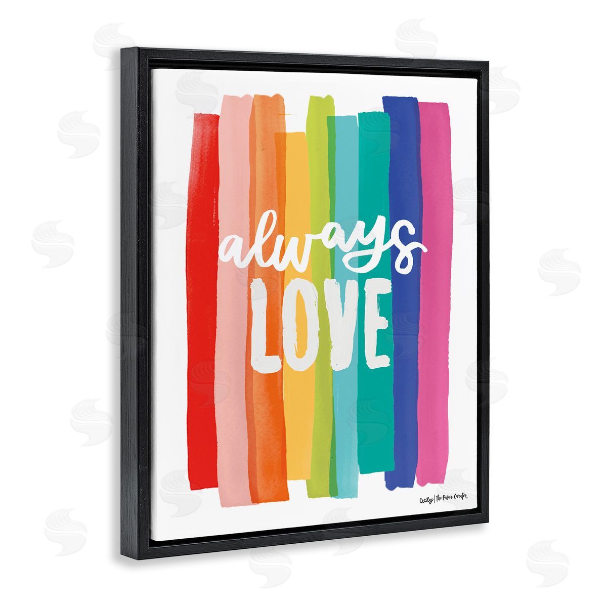 Cecily Moore Always Love Rainbow Striped Brushstrokes Calligraphy Black Floating Frame Canvas Wall Art Print