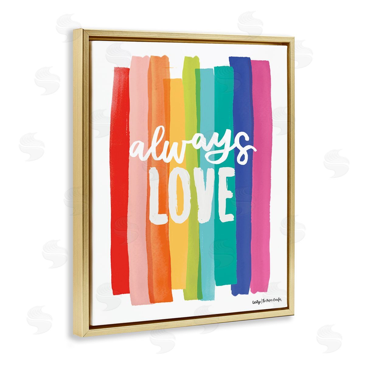 Cecily Moore Always Love Rainbow Striped Brushstrokes Calligraphy Gold Floating Frame Canvas Wall Art Print