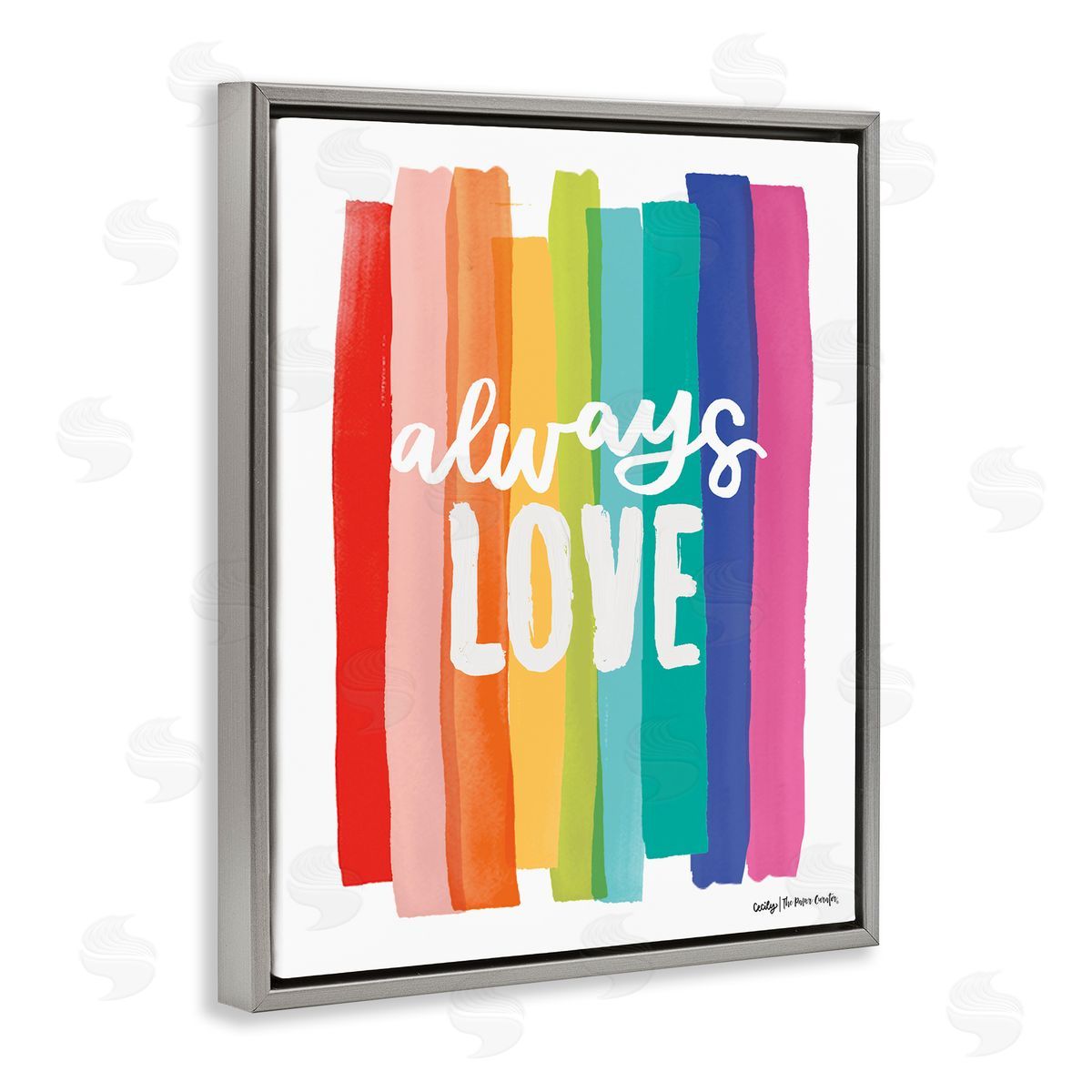 Cecily Moore Always Love Rainbow Striped Brushstrokes Calligraphy Gray Floating Frame Canvas Wall Art Print