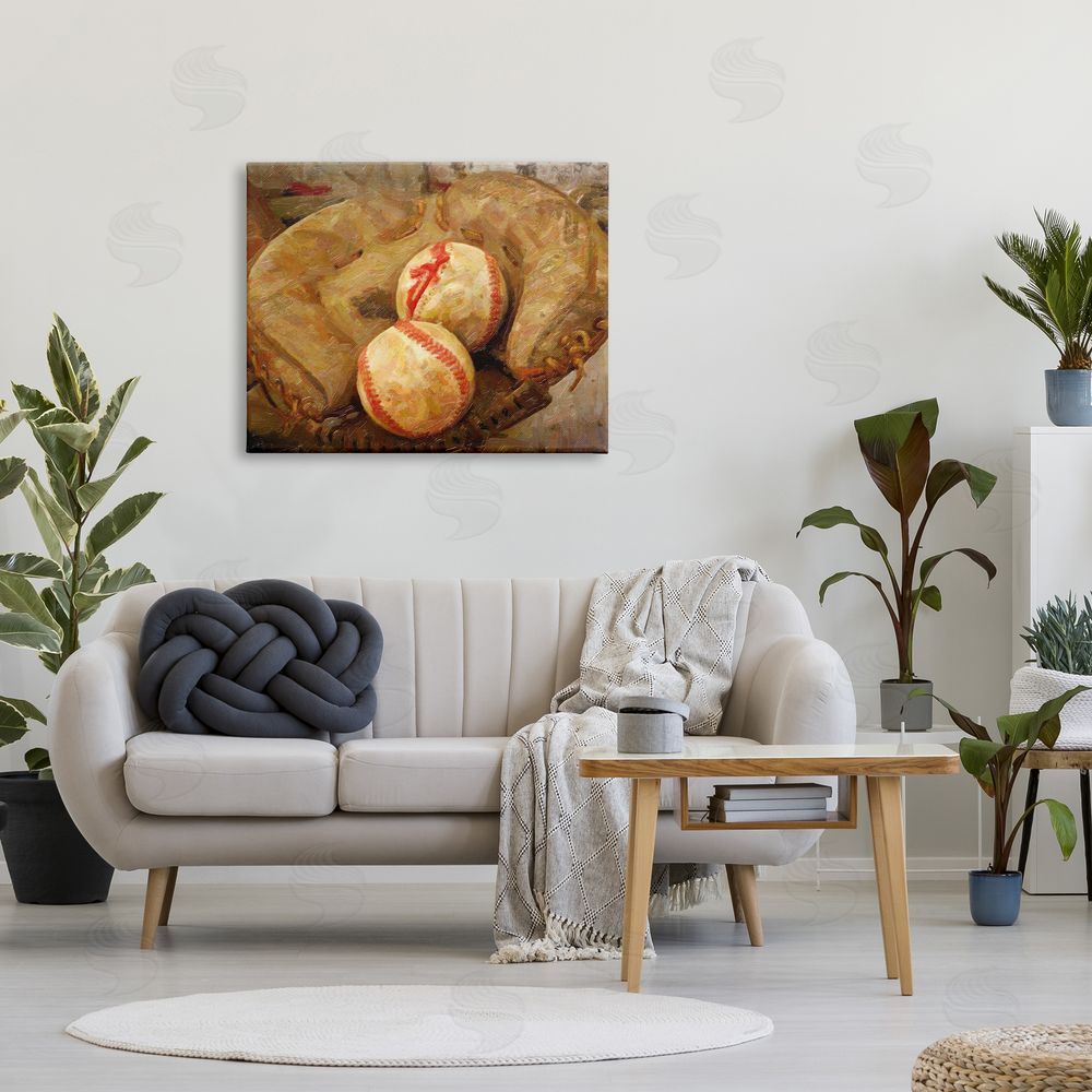 Graffitee Studios Detailed Baseball Glove Mitt Holding Sports Balls Canvas Wall Art Print in Room
