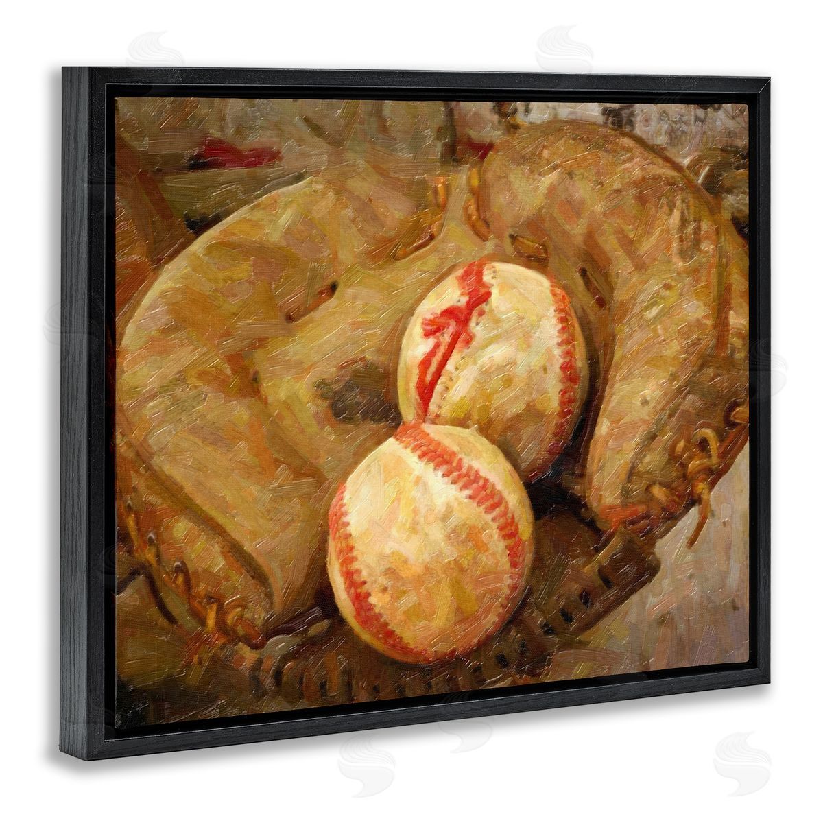 Graffitee Studios Detailed Baseball Glove Mitt Holding Sports Balls Black Floating Frame Canvas Wall Art Print