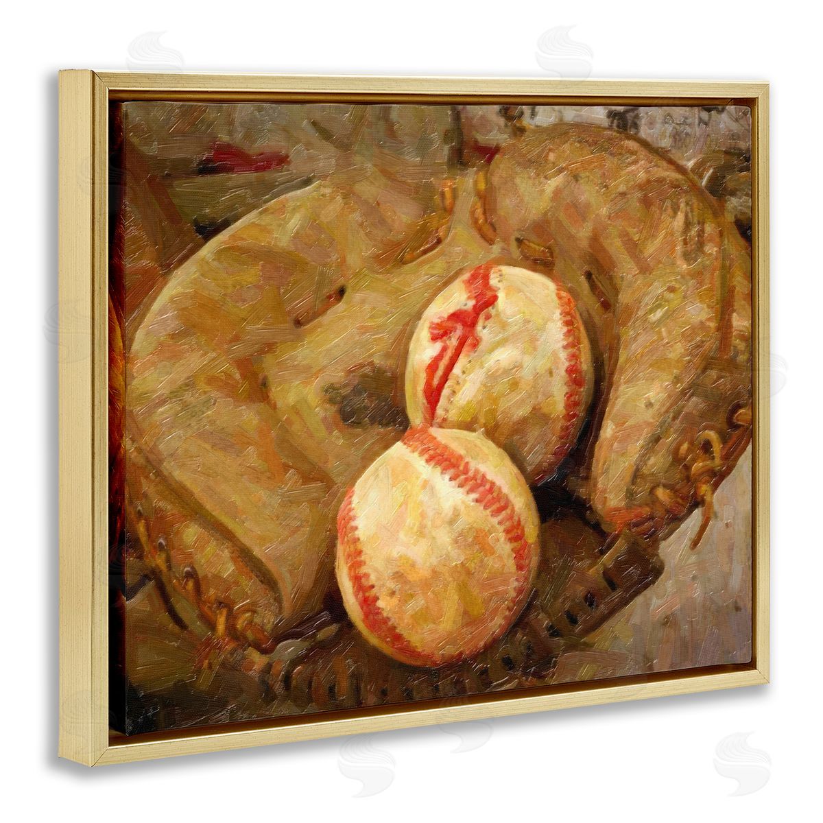 Graffitee Studios Detailed Baseball Glove Mitt Holding Sports Balls Gold Floating Frame Canvas Wall Art Print