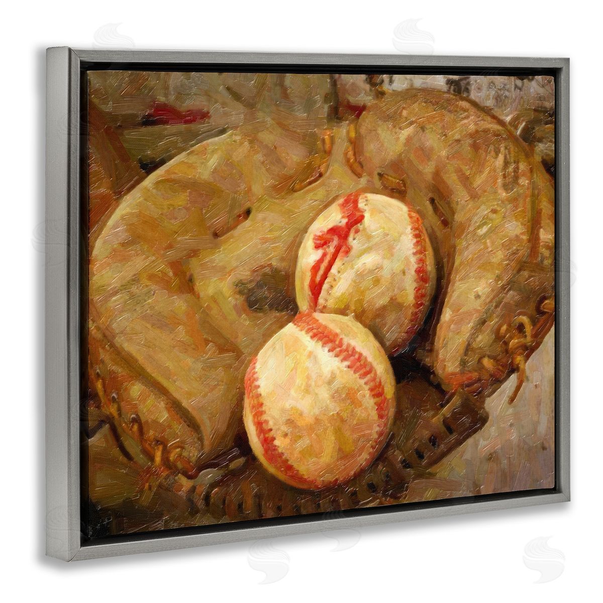 Graffitee Studios Detailed Baseball Glove Mitt Holding Sports Balls Gray Floating Frame Canvas Wall Art Print