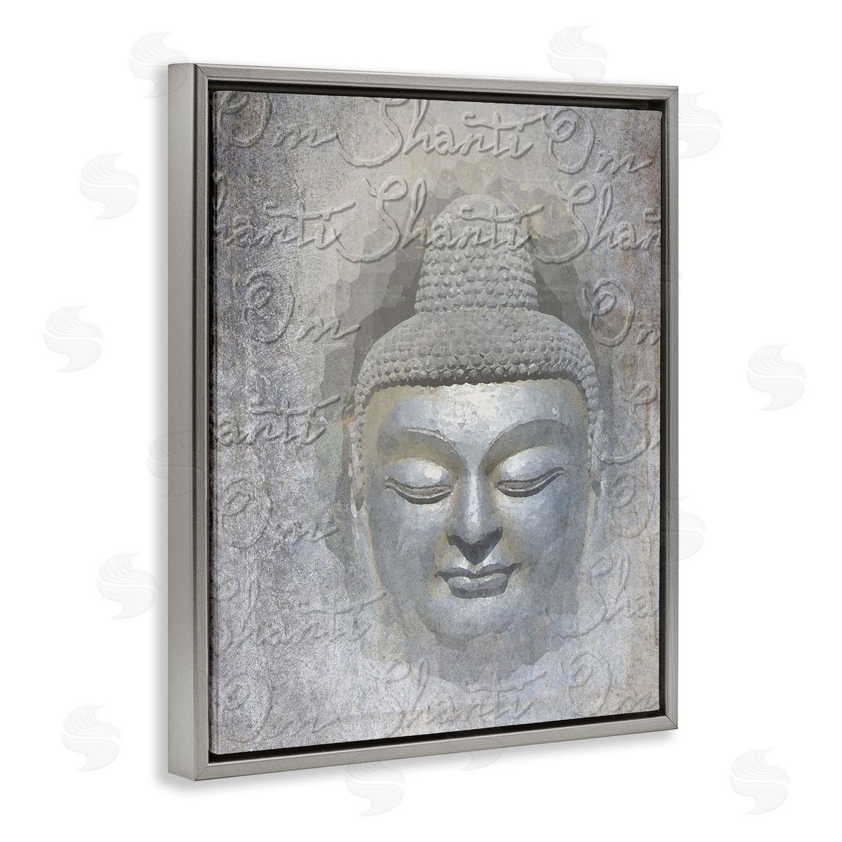 Graffitee Studios Layered Buddha Spiritual Words Script Om Shanti Mantra Gray Floating Frame Canvas Wall Art Print