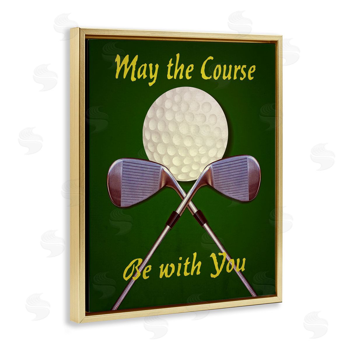 Graffitee Studios May Course Be With You Fun Sports Golf Clubs Gold Floating Frame Canvas Wall Art Print