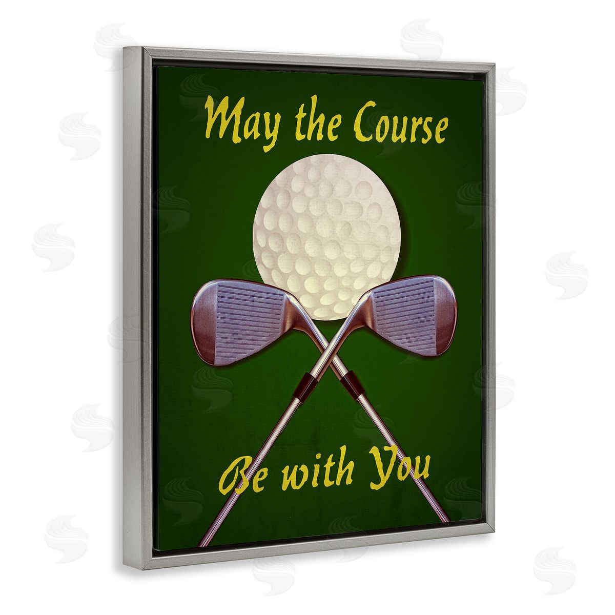 Graffitee Studios May Course Be With You Fun Sports Golf Clubs Gray Floating Frame Canvas Wall Art Print