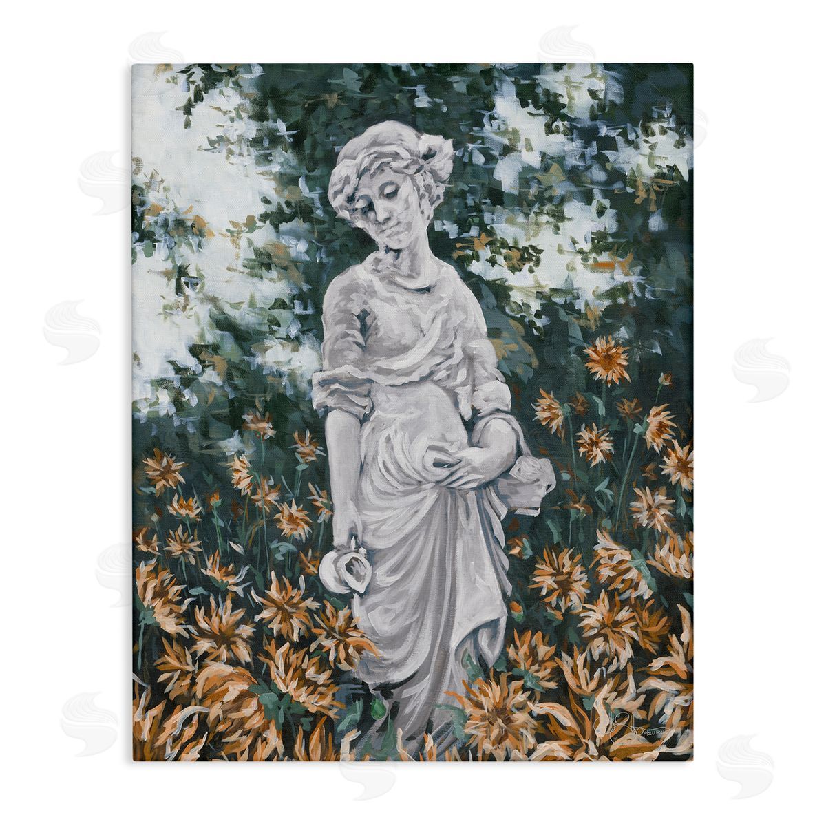Hollihocks Art Graceful Garden Woman Statue Surrounded Flower Blossoms Stretched Canvas Wall Art Print