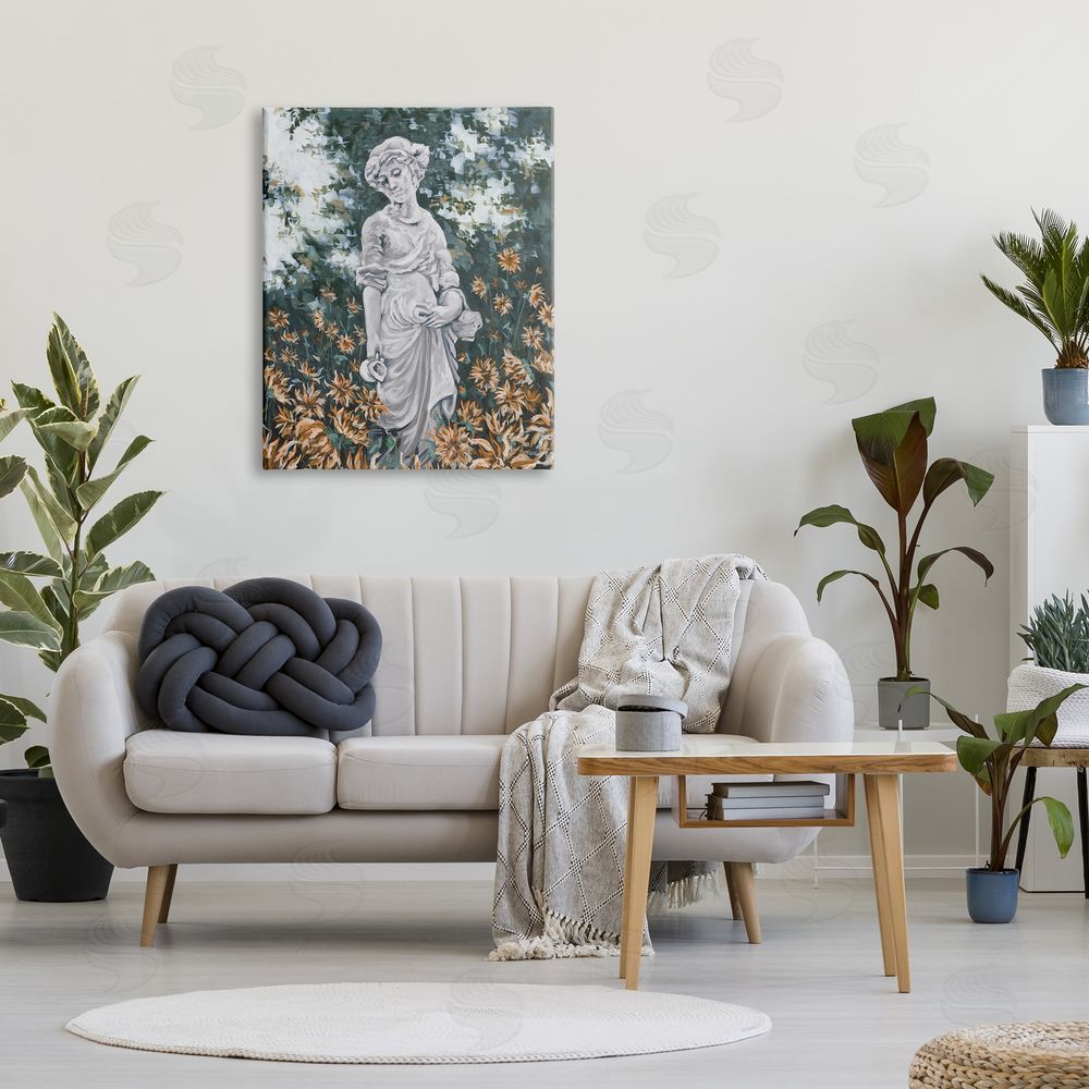 Hollihocks Art Graceful Garden Woman Statue Surrounded Flower Blossoms Canvas Wall Art Print in Room