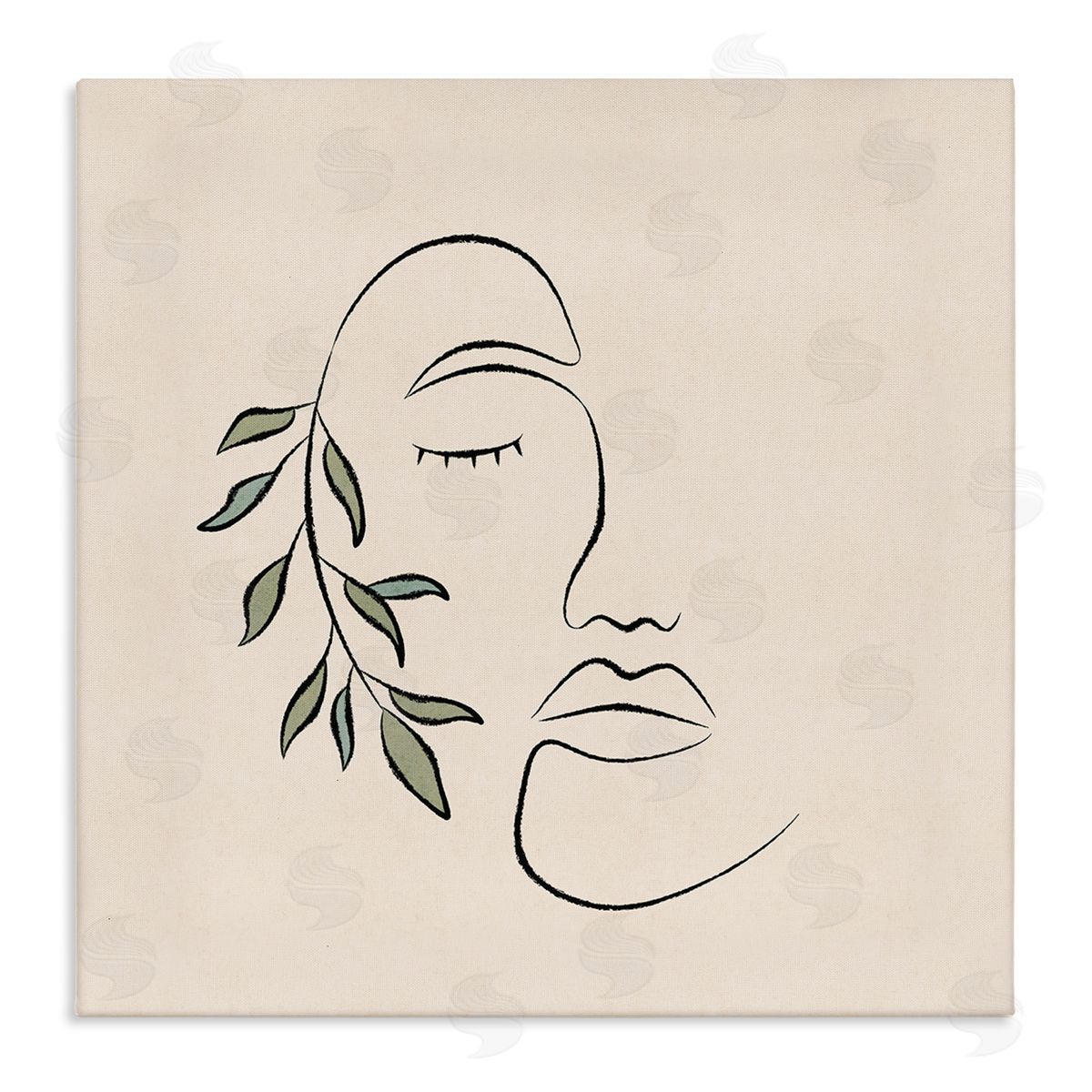 JJ Design House LLC Woman Face Abstract Line Doodle Botanical Sprig Stretched Canvas Wall Art Print