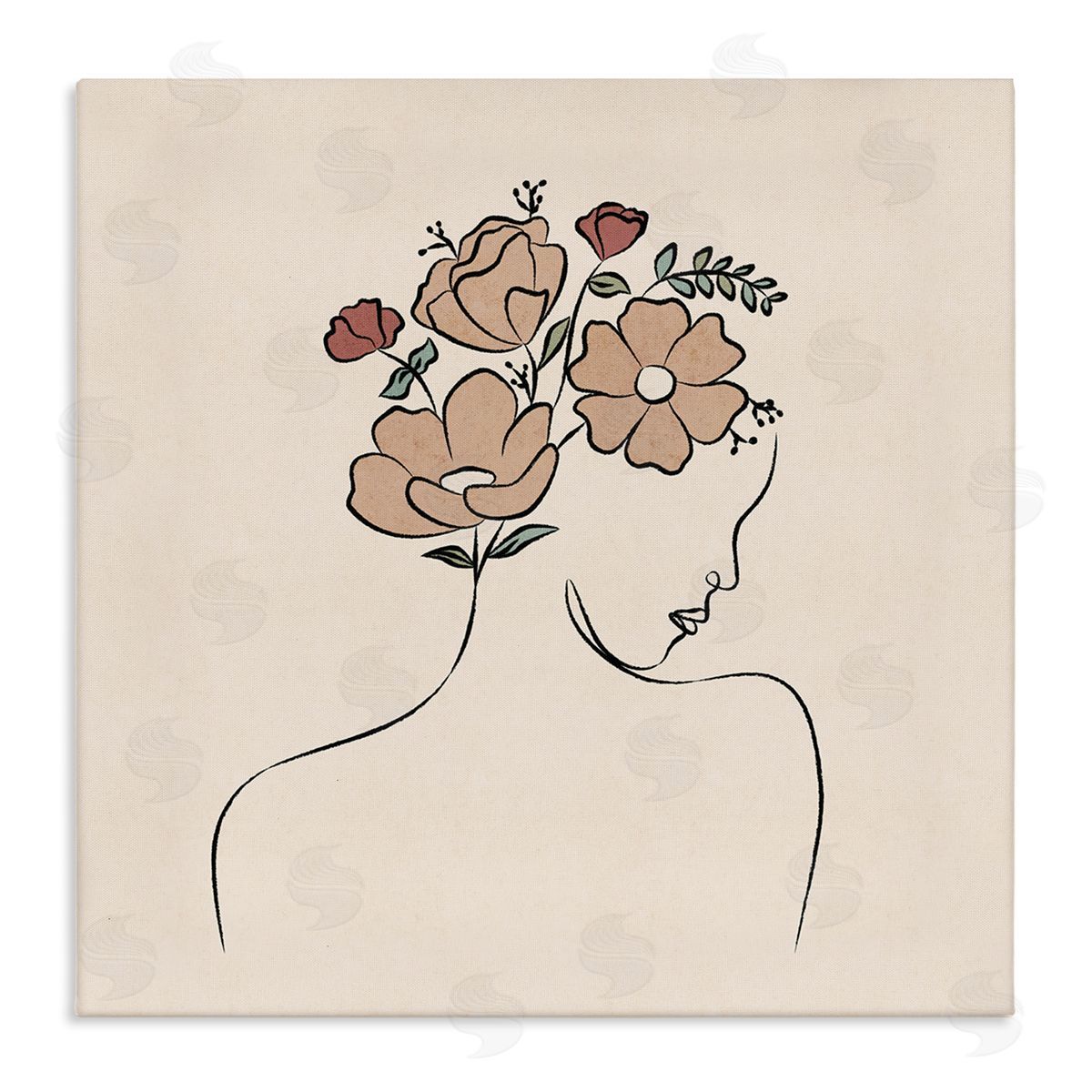 JJ Design House LLC Floral Abstract Woman Face Blossoms Line Doodle Stretched Canvas Wall Art Print