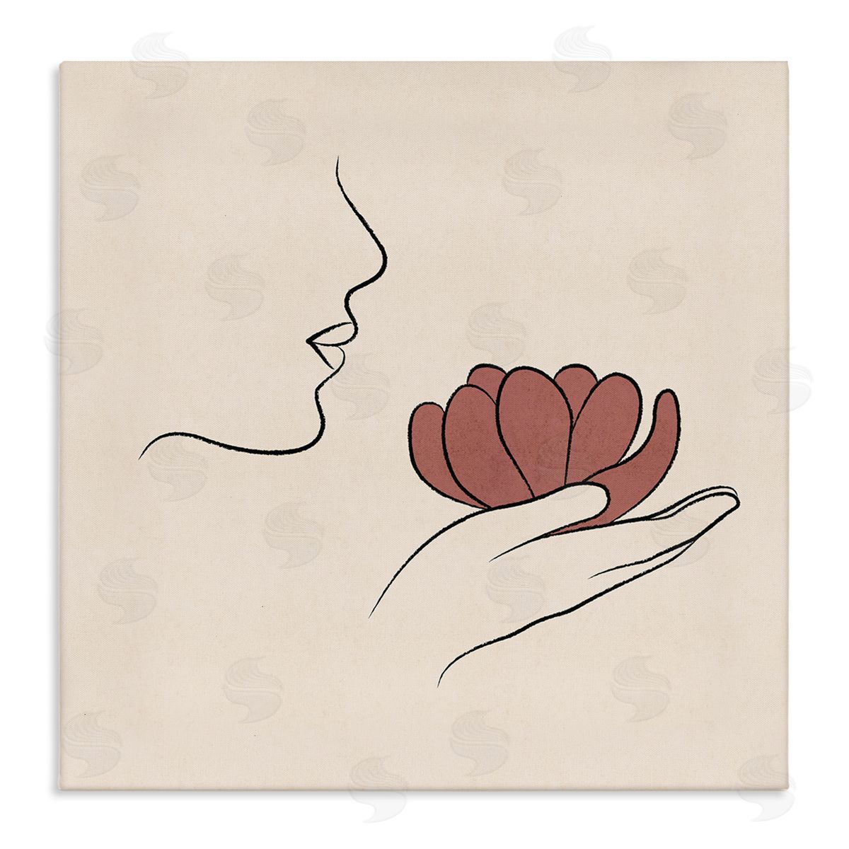 JJ Design House LLC Minimal Face Profile Holding Blossom Palm Outline Stretched Canvas Wall Art Print