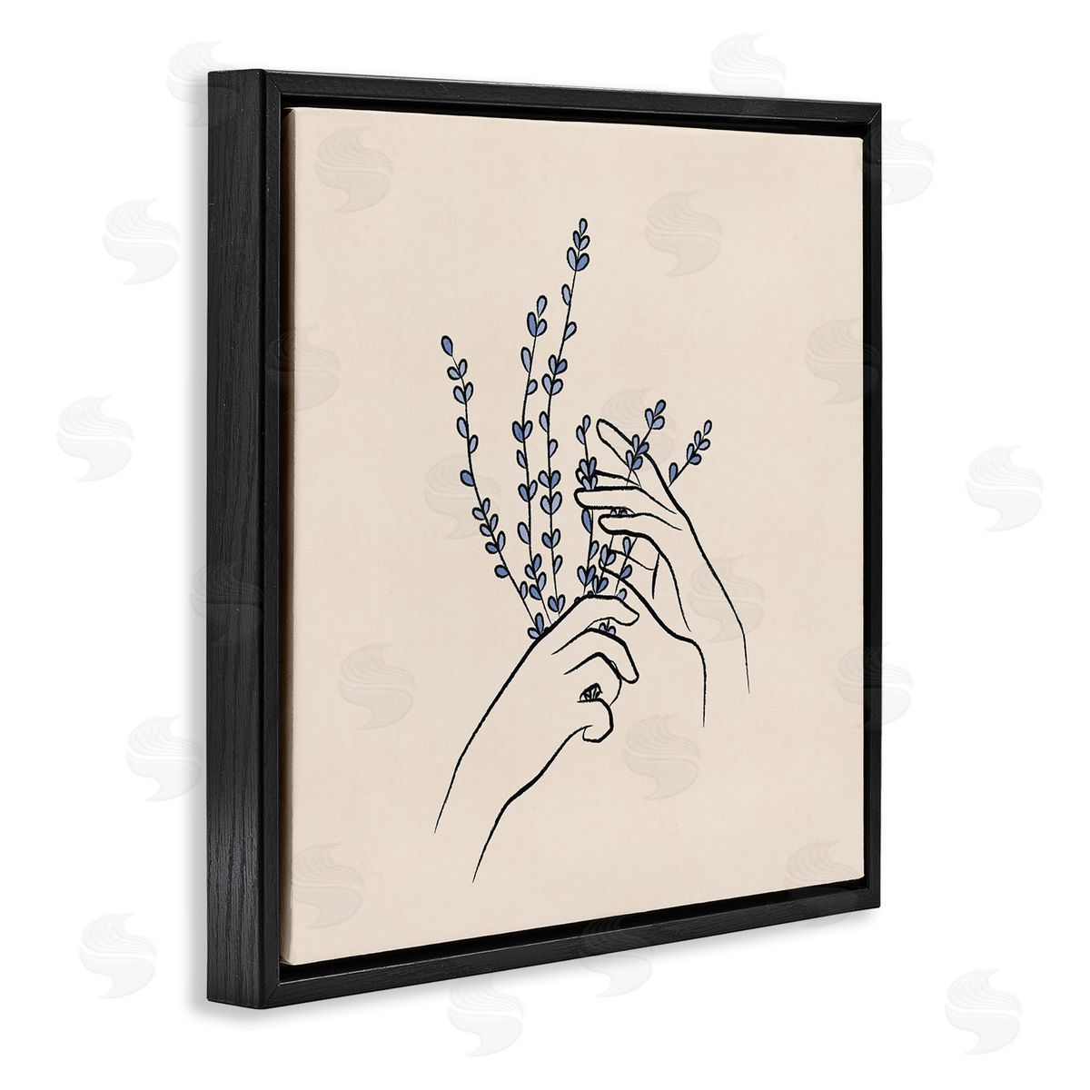 JJ Design House LLC Hands Holding Lavender Sprigs Botanical Line Doodle Black Floating Frame Canvas Wall Art Print