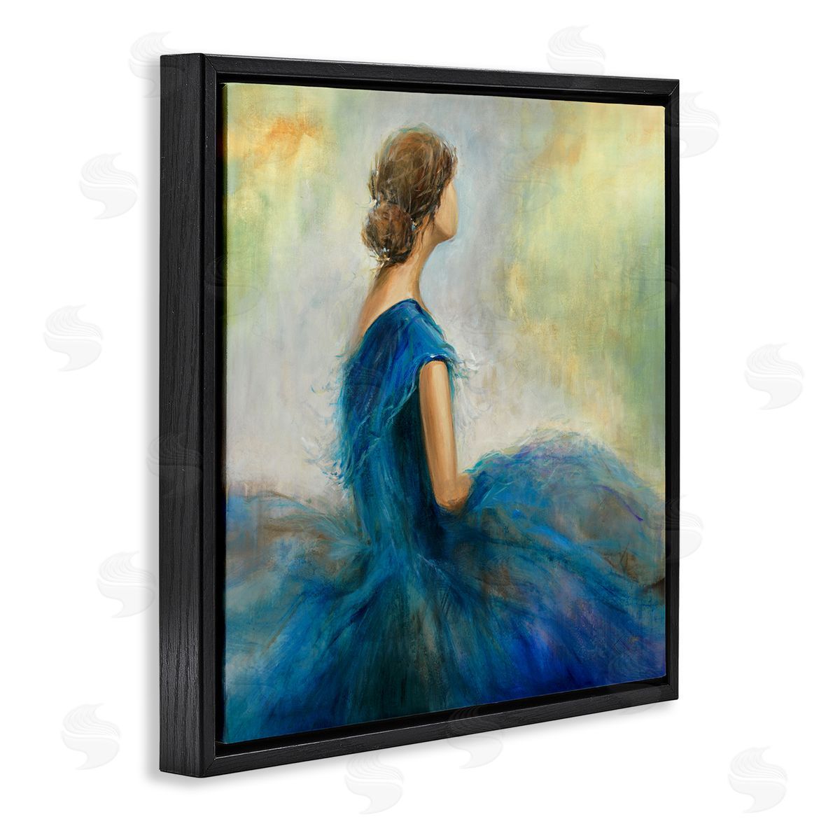 K. Nari Woman Billowing Blue Dress Classic Figure Painting  Black Floating Frame Canvas Wall Art Print