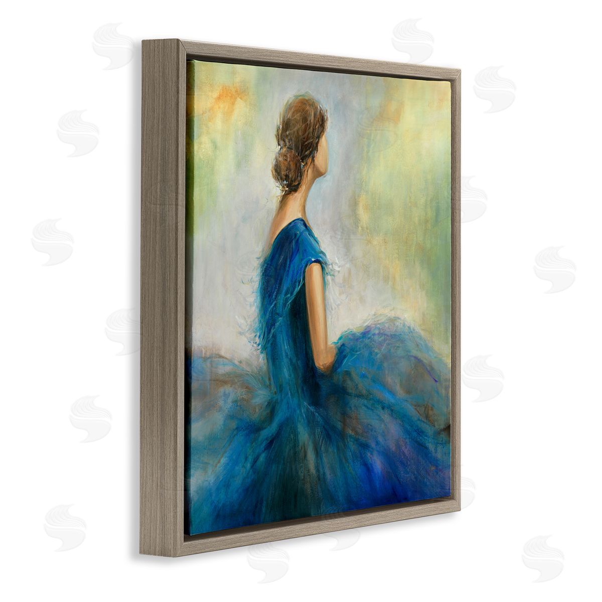 K. Nari Woman Billowing Blue Dress Classic Figure Painting  Brown Floating Frame Canvas Wall Art Print