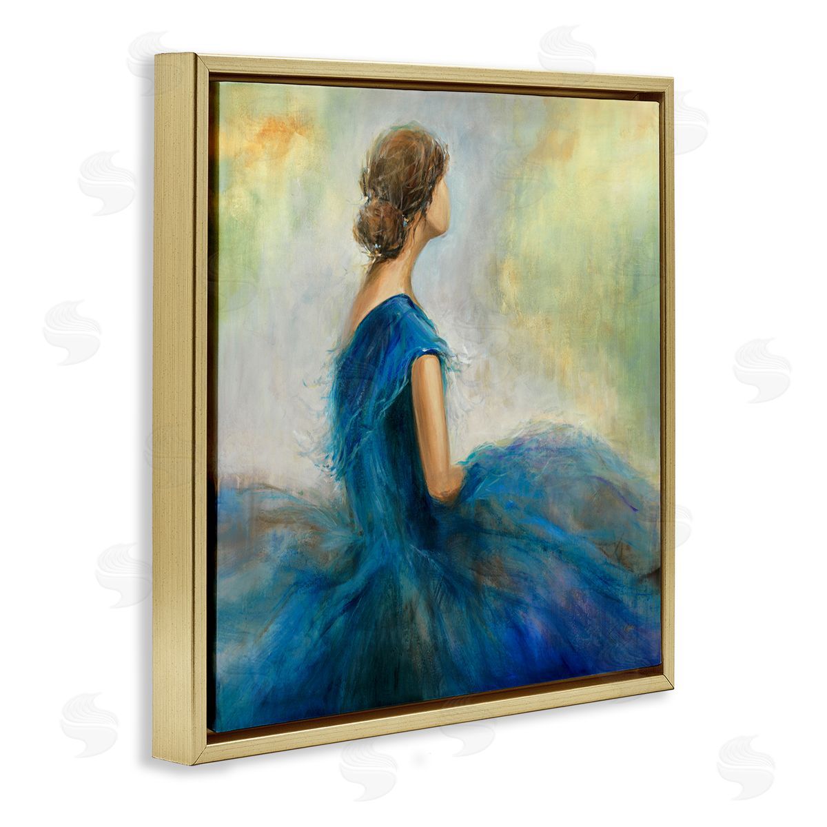 K. Nari Woman Billowing Blue Dress Classic Figure Painting  Gold Floating Frame Canvas Wall Art Print