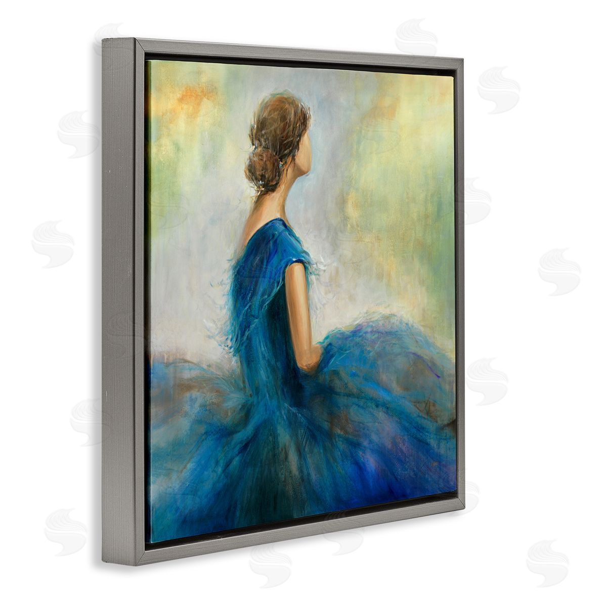 K. Nari Woman Billowing Blue Dress Classic Figure Painting  Gray Floating Frame Canvas Wall Art Print