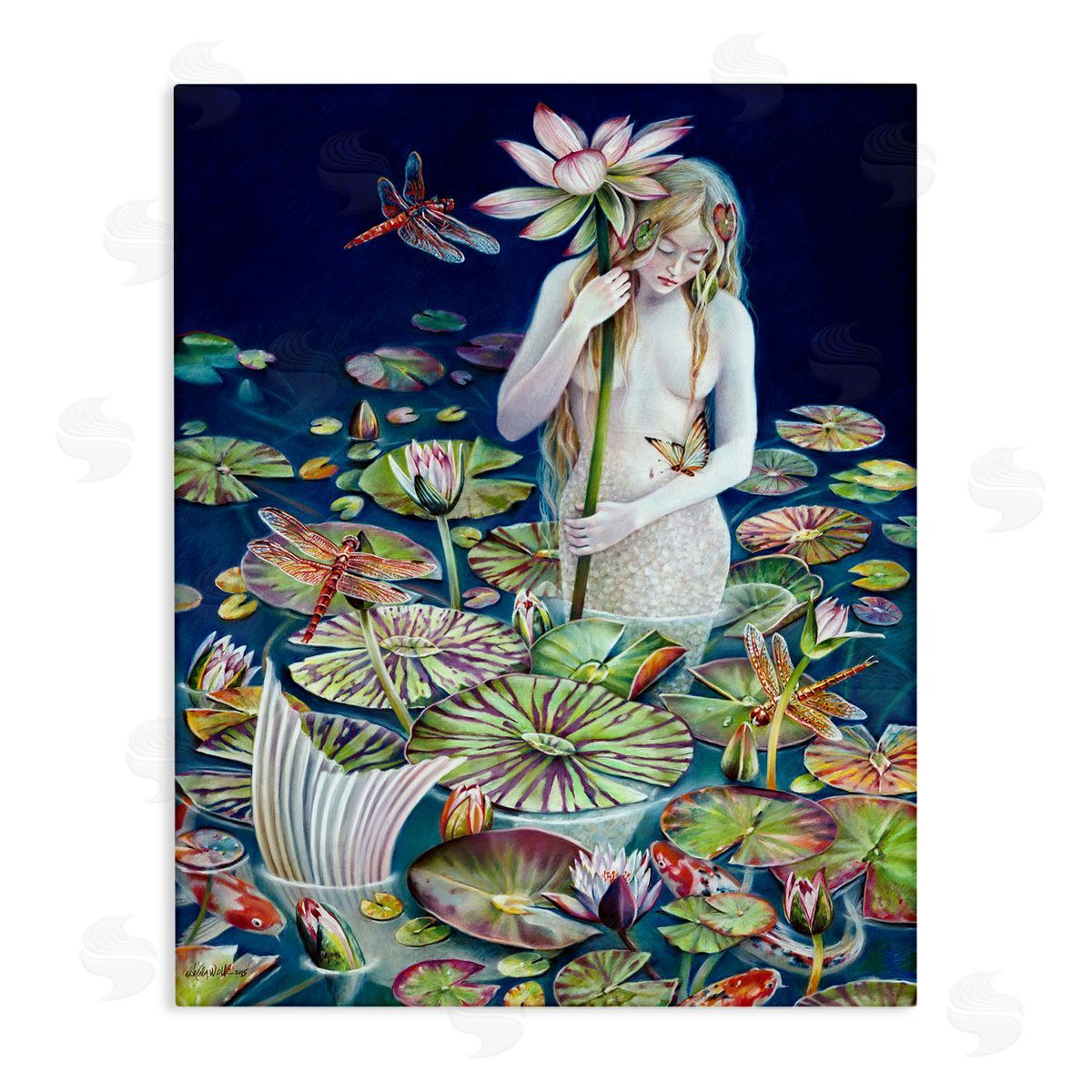 Sheila Wolk Mermaid Among Water Lilies Floral Pond Woman  Stretched Canvas Wall Art Print