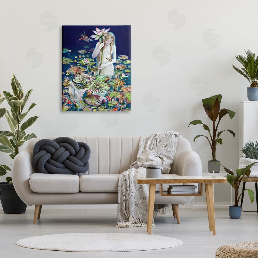 Sheila Wolk Mermaid Among Water Lilies Floral Pond Woman  Canvas Wall Art Print in Room