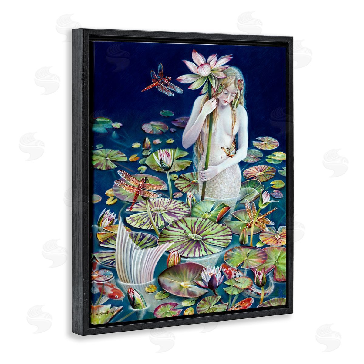 Sheila Wolk Mermaid Among Water Lilies Floral Pond Woman  Black Floating Frame Canvas Wall Art Print
