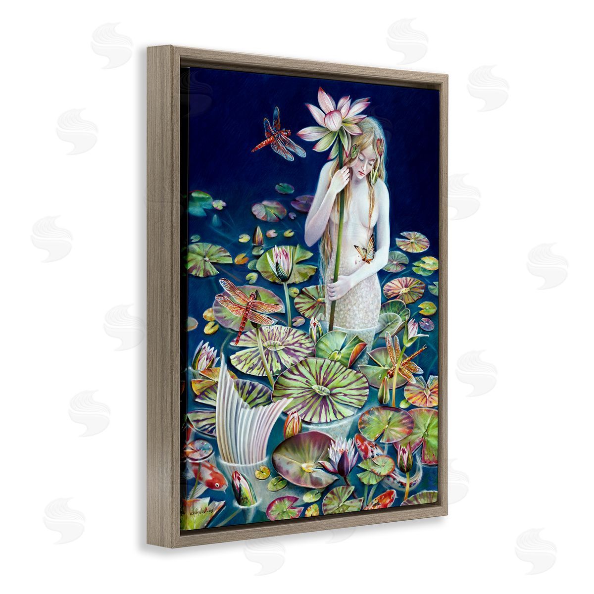 Sheila Wolk Mermaid Among Water Lilies Floral Pond Woman  Brown Floating Frame Canvas Wall Art Print