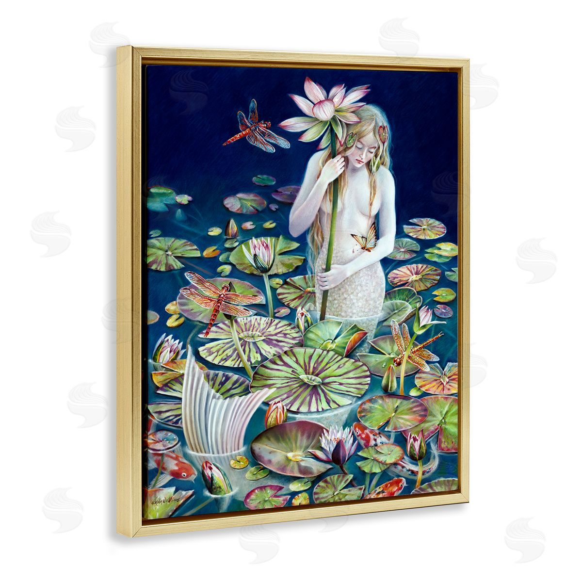 Sheila Wolk Mermaid Among Water Lilies Floral Pond Woman  Gold Floating Frame Canvas Wall Art Print
