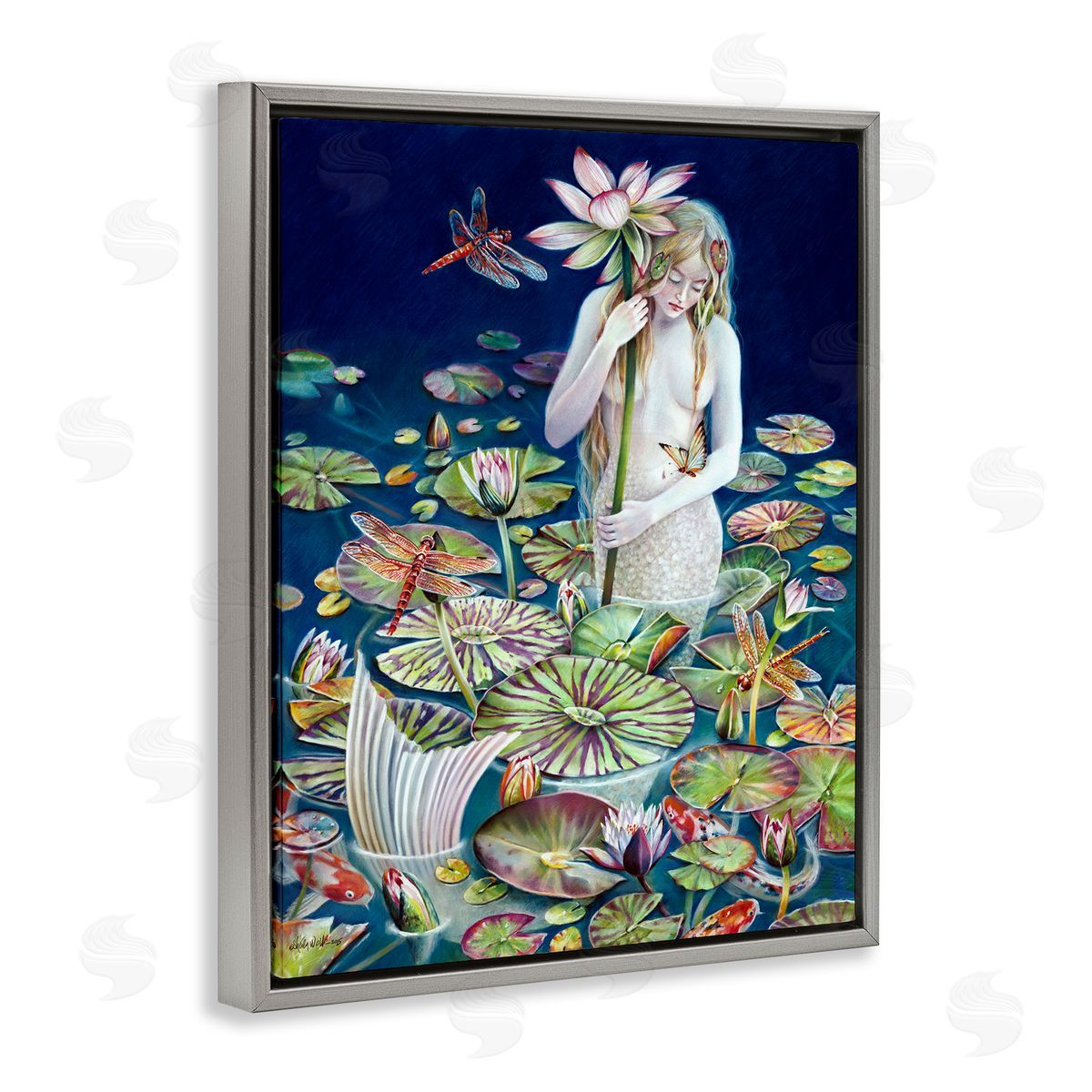 Sheila Wolk Mermaid Among Water Lilies Floral Pond Woman  Gray Floating Frame Canvas Wall Art Print