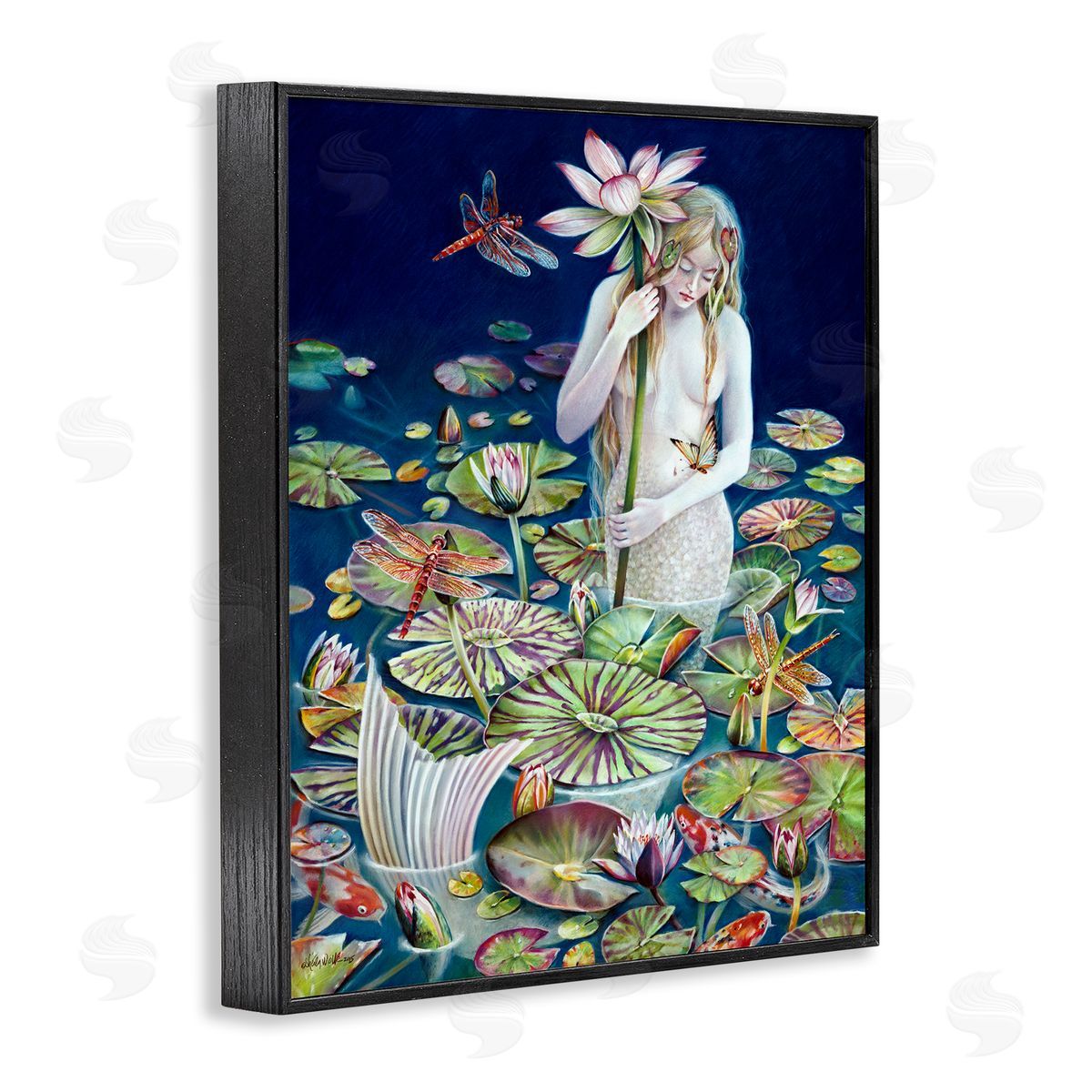 Sheila Wolk Mermaid Among Water Lilies Floral Pond Woman  Black Framed Giclee Wall Art Print