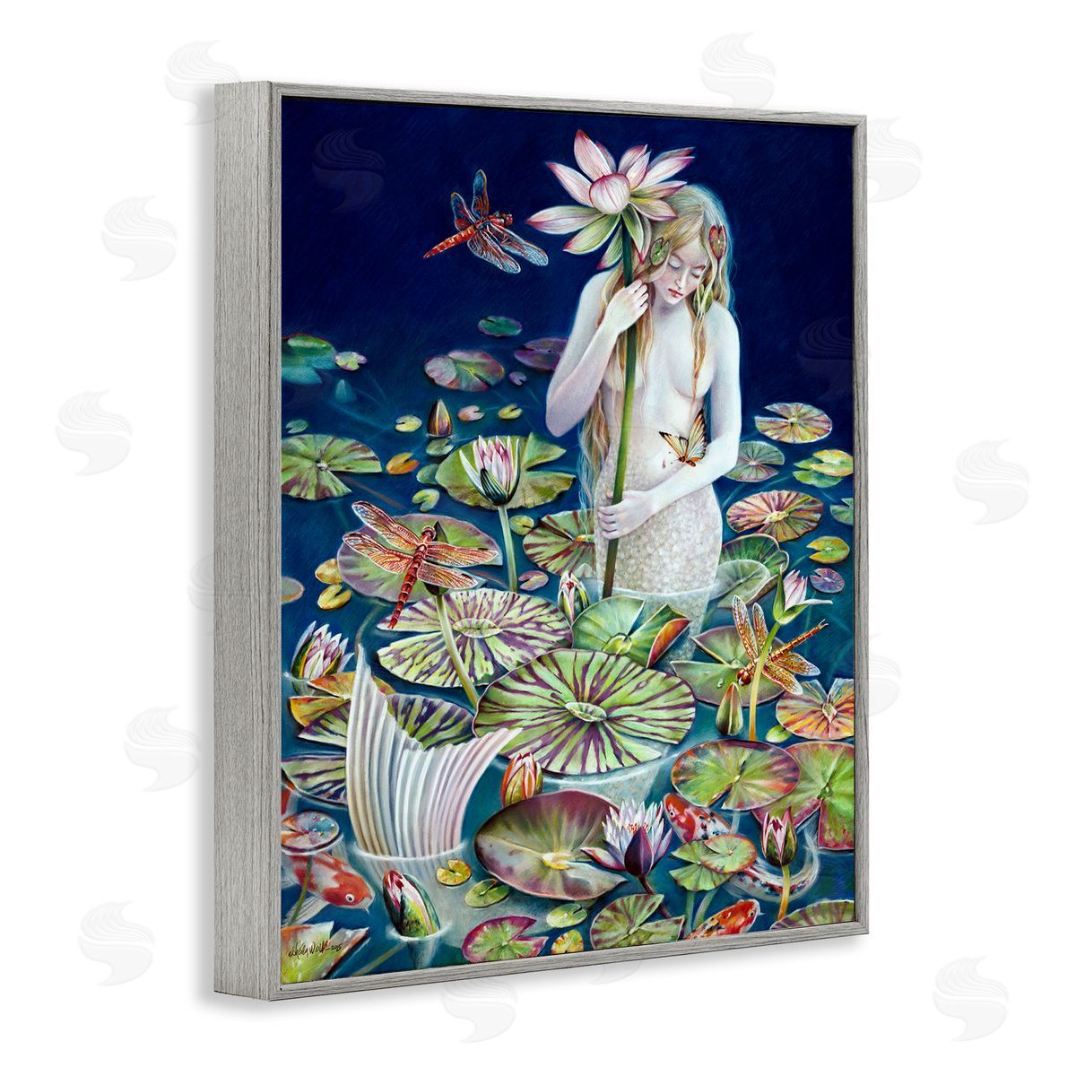 Sheila Wolk Mermaid Among Water Lilies Floral Pond Woman  Gray Framed Giclee Wall Art Print