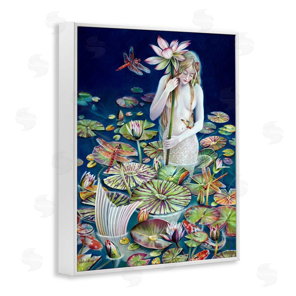 Sheila Wolk Mermaid Among Water Lilies Floral Pond Woman  White Framed Giclee Wall Art Print