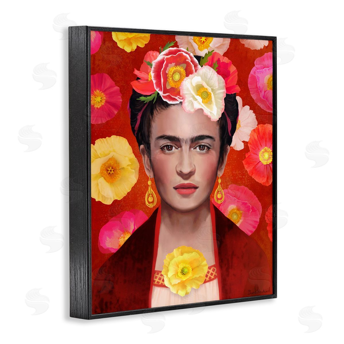 Diane Neukirch Bold Frida Kahlo Portrait Floral Poppies Pattern Black Framed Giclee Wall Art Print