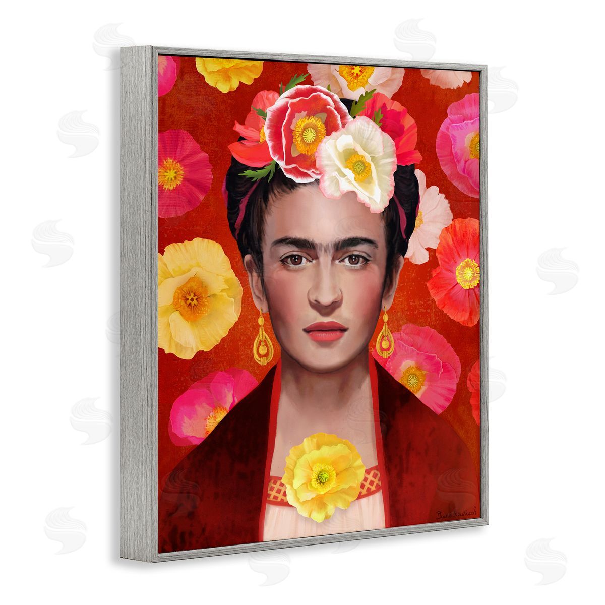 Diane Neukirch Bold Frida Kahlo Portrait Floral Poppies Pattern Gray Framed Giclee Wall Art Print