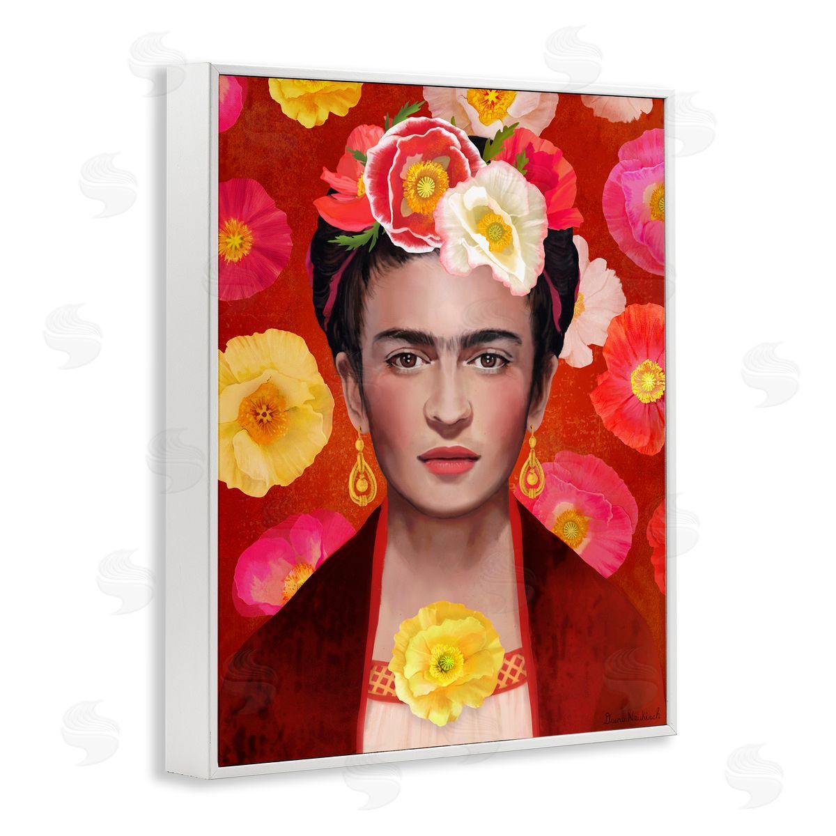 Diane Neukirch Bold Frida Kahlo Portrait Floral Poppies Pattern White Framed Giclee Wall Art Print