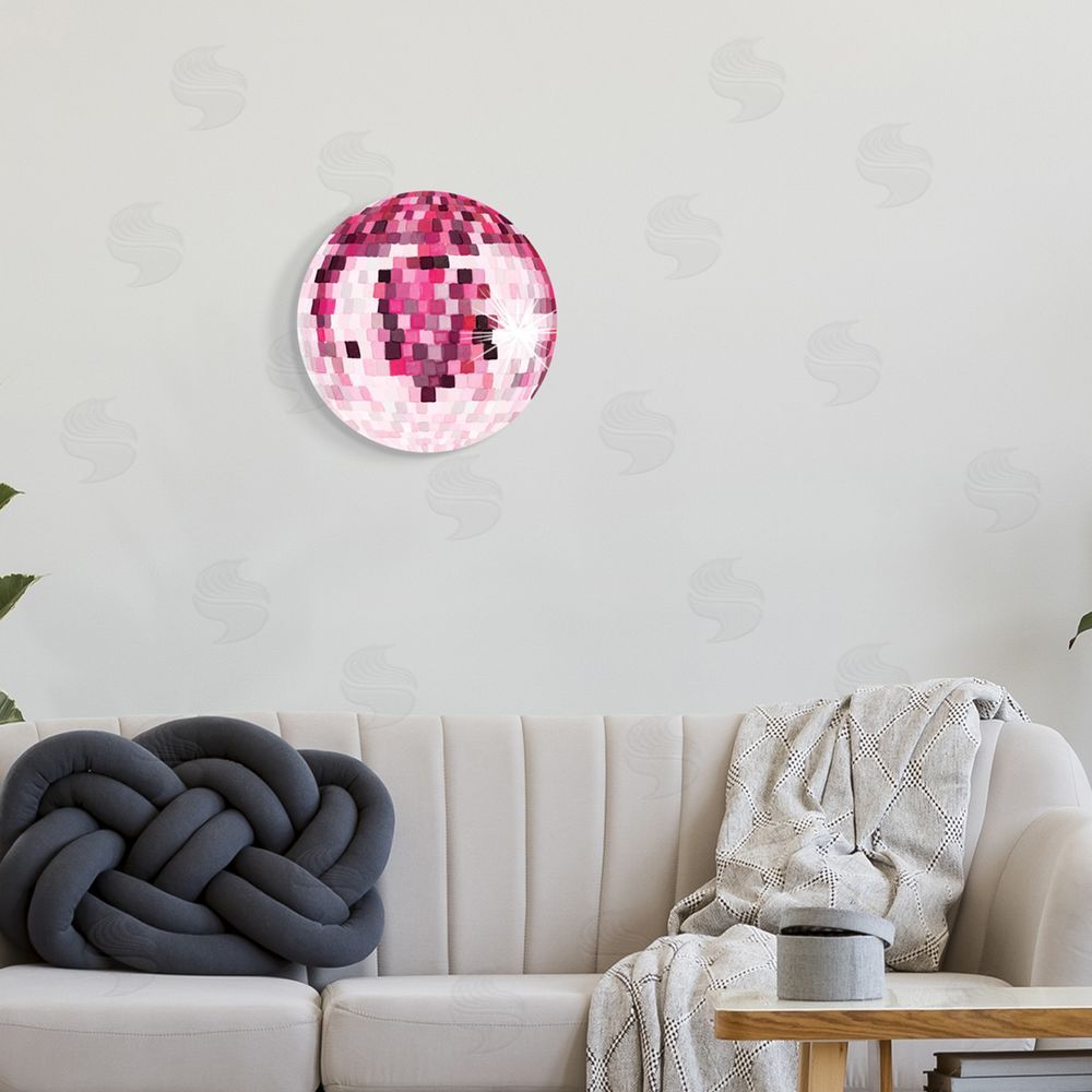 Hey Bre! Creative Studio Pink Disco Ball Pattern Shining Geometric Squares Round Wall Plaque Art Print in Room