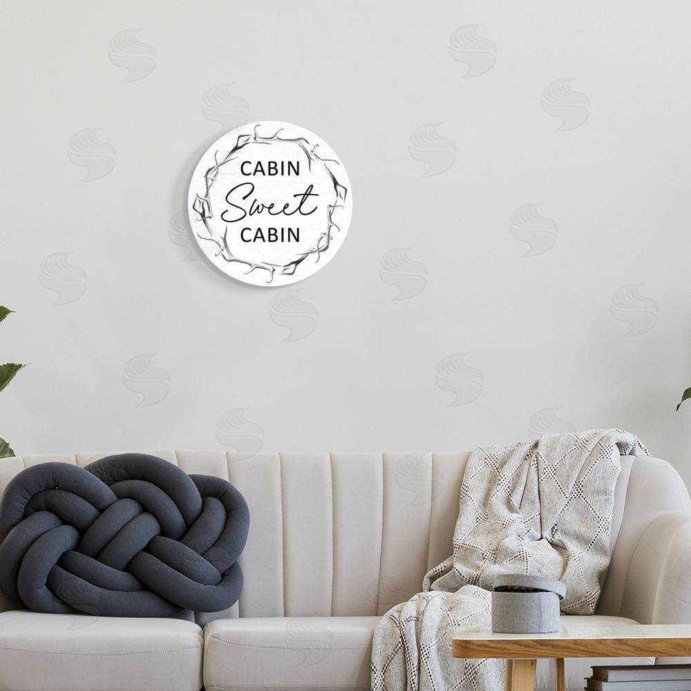 Lettered and Lined Sweet Cabin Rustic Deer Antlers Entryway Sign  Round Wall Plaque Art Print in Room