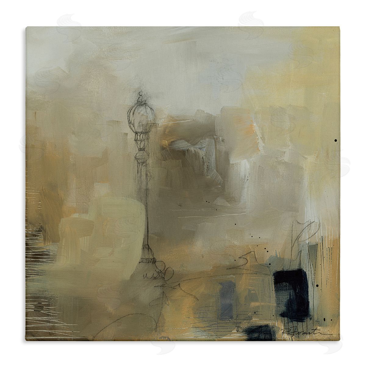 Ruth Fromstein Mysterious Abstract Town Scenery Street Light Scribbles Stretched Canvas Wall Art Print