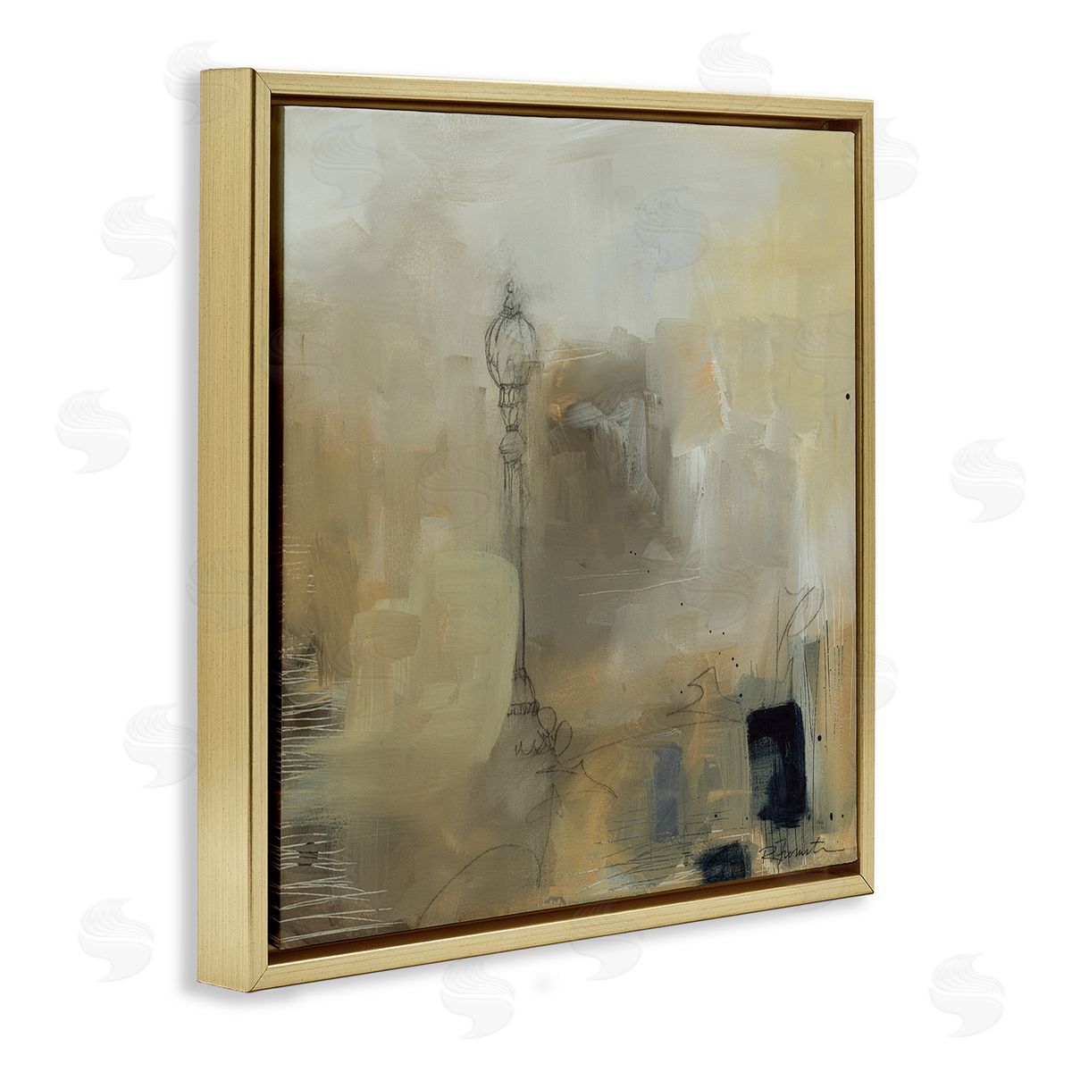 Ruth Fromstein Mysterious Abstract Town Scenery Street Light Scribbles Gold Floating Frame Canvas Wall Art Print