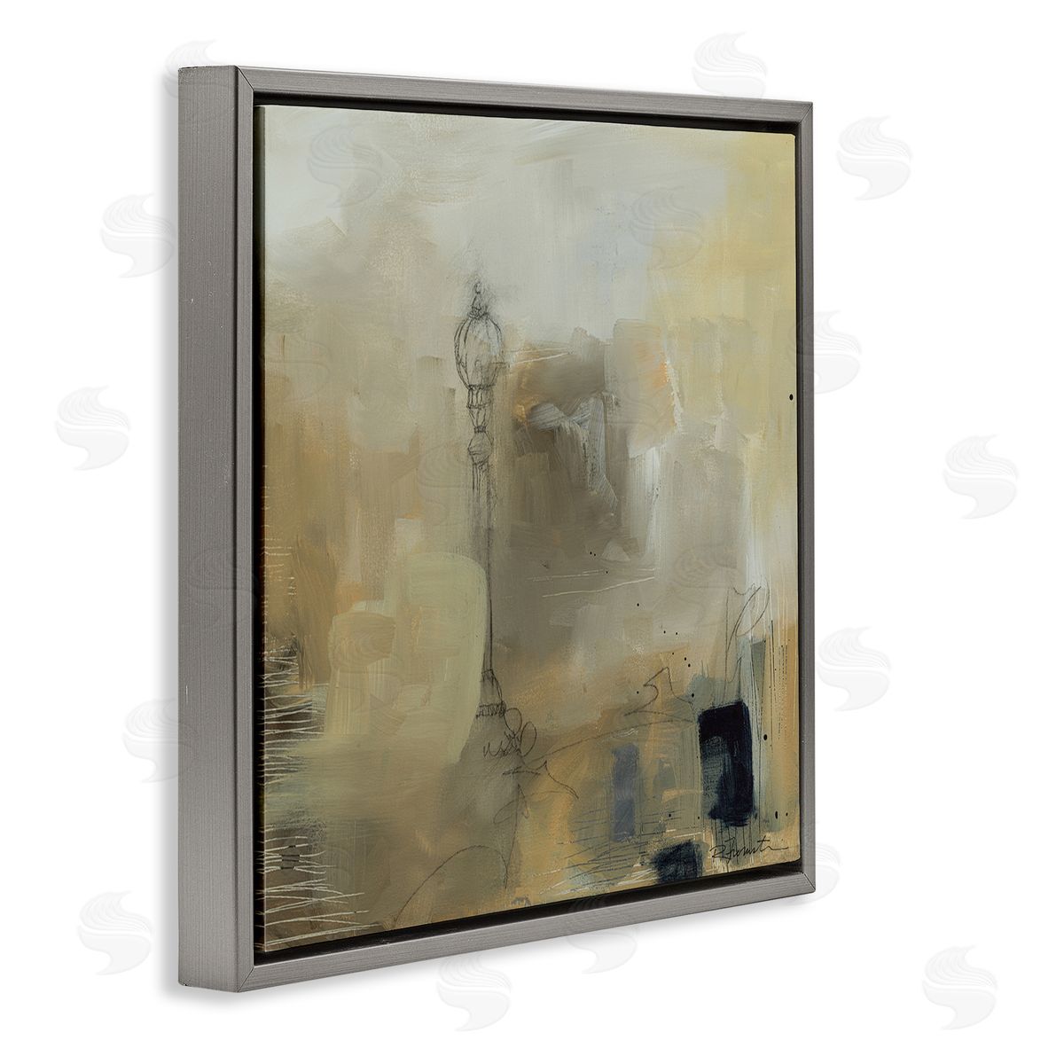 Ruth Fromstein Mysterious Abstract Town Scenery Street Light Scribbles Gray Floating Frame Canvas Wall Art Print