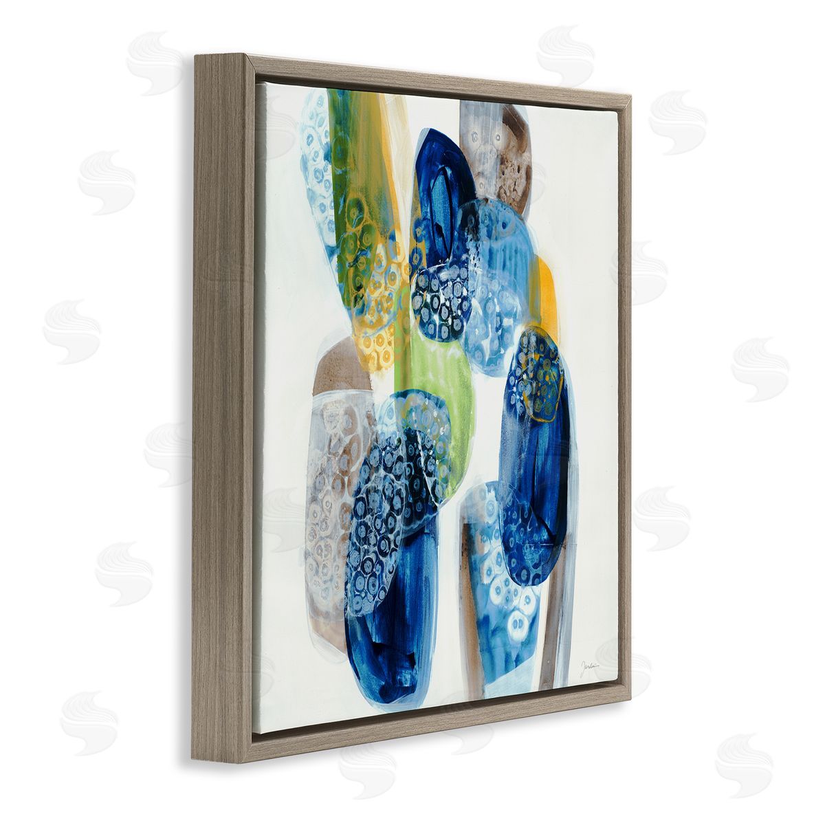 Liz Jardine Pebbled Circular Shapes Vivid Blue Modern Design Brown Floating Frame Canvas Wall Art Print