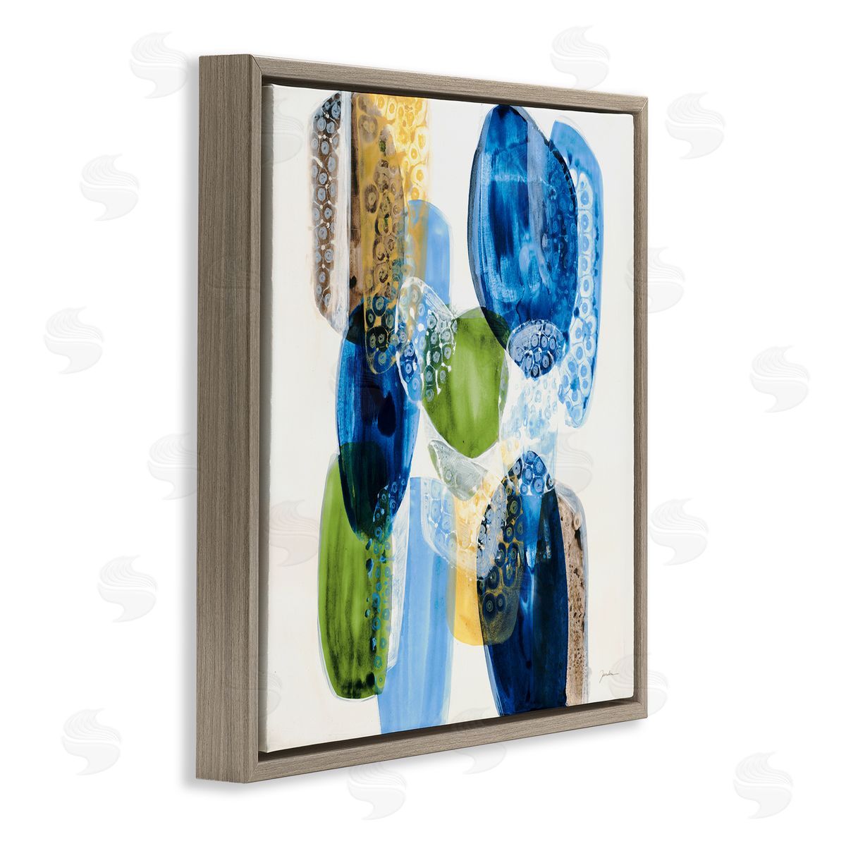 Liz Jardine Vivid Blue Circle Shapes Abstract Pebbled Design  Brown Floating Frame Canvas Wall Art Print