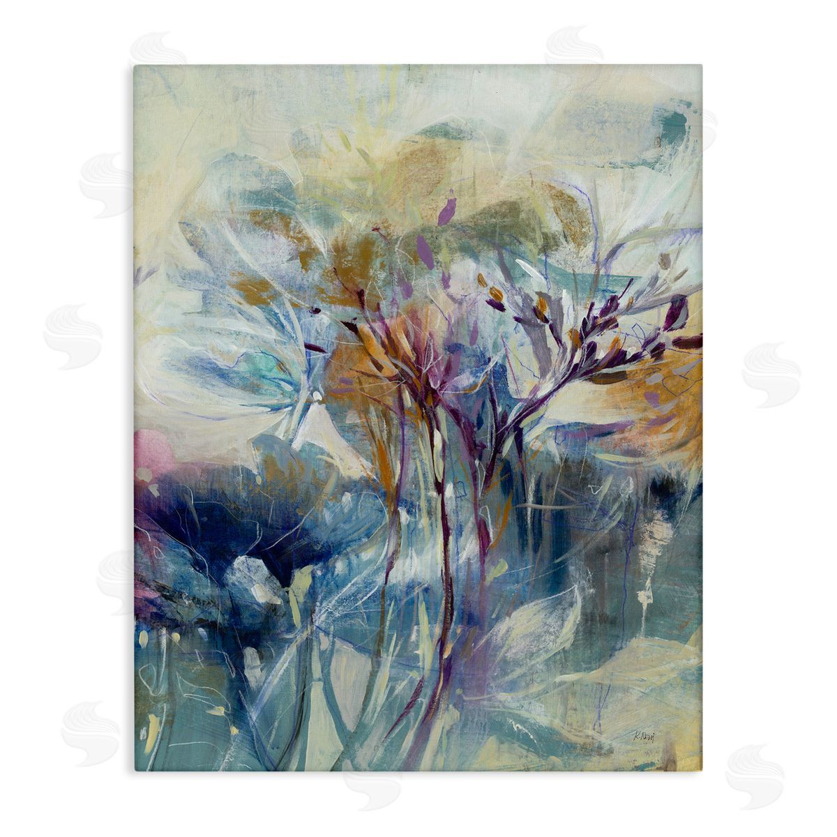 K. Nari Blooming Floral Blossoms Layered Botanical Outline Painting Stretched Canvas Wall Art Print